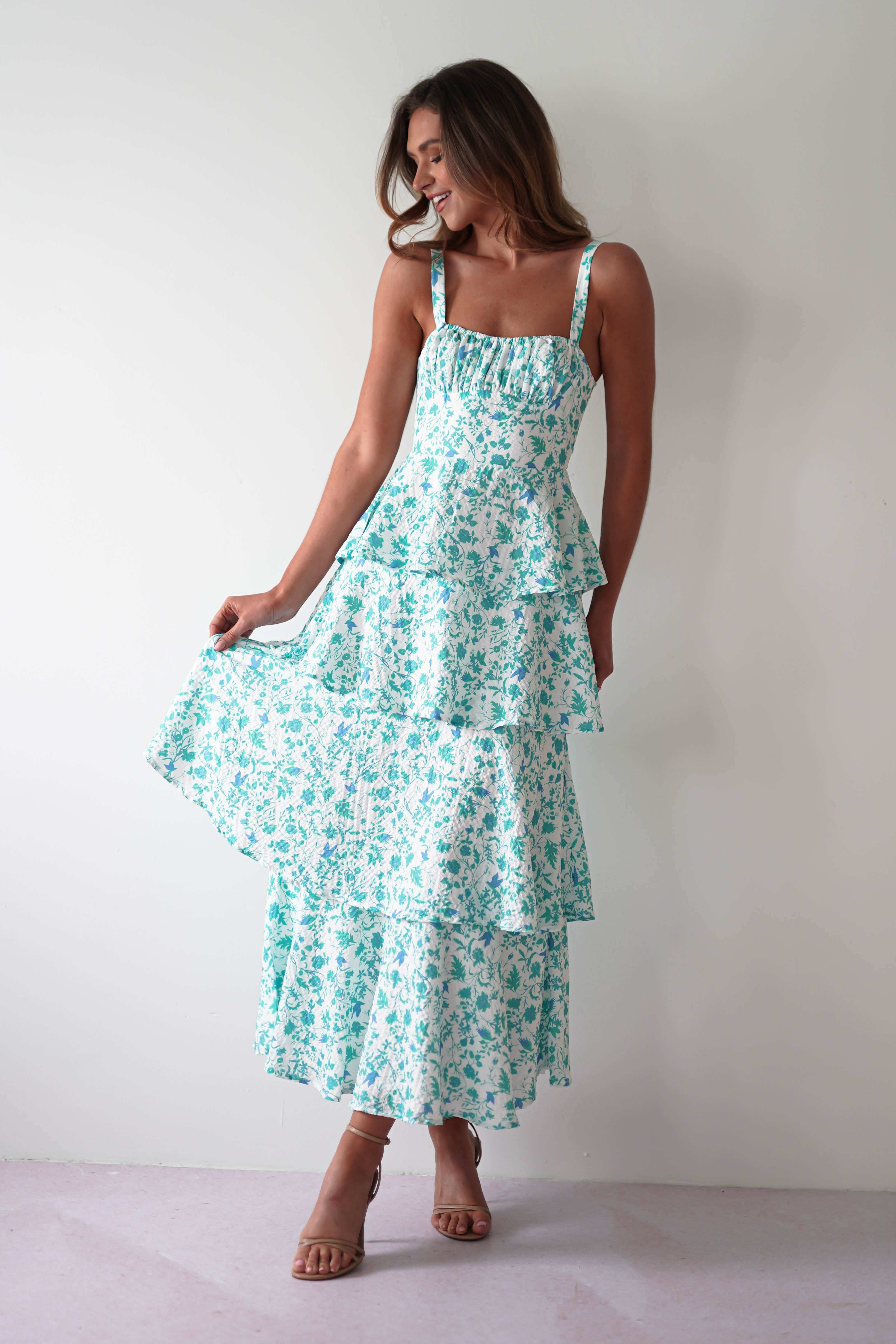 Emily Floral Ruffle Maxi Dress | Green/White - Oh Hello Clothing