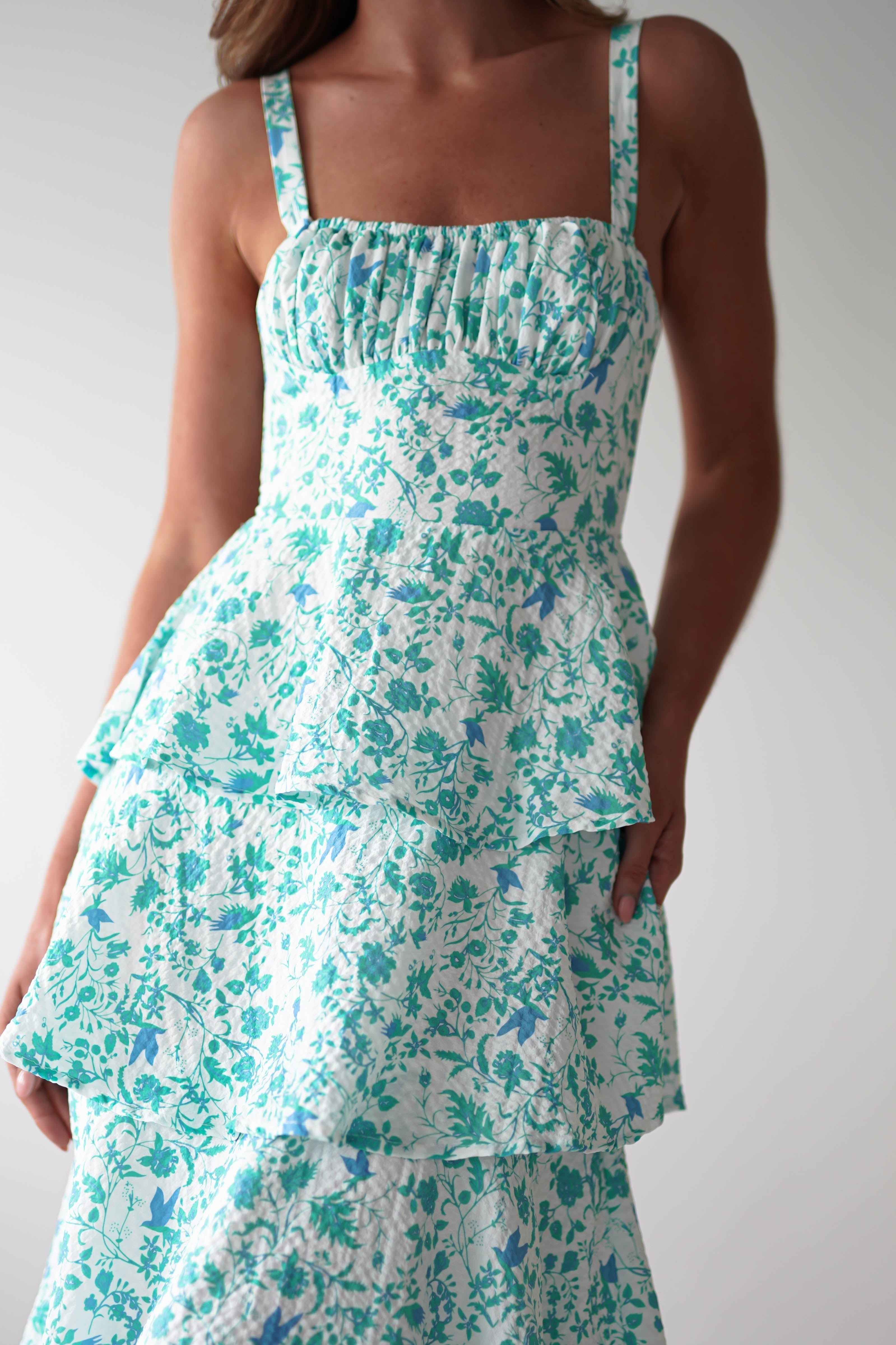 Emily Floral Ruffle Maxi Dress | Green/White - Oh Hello Clothing