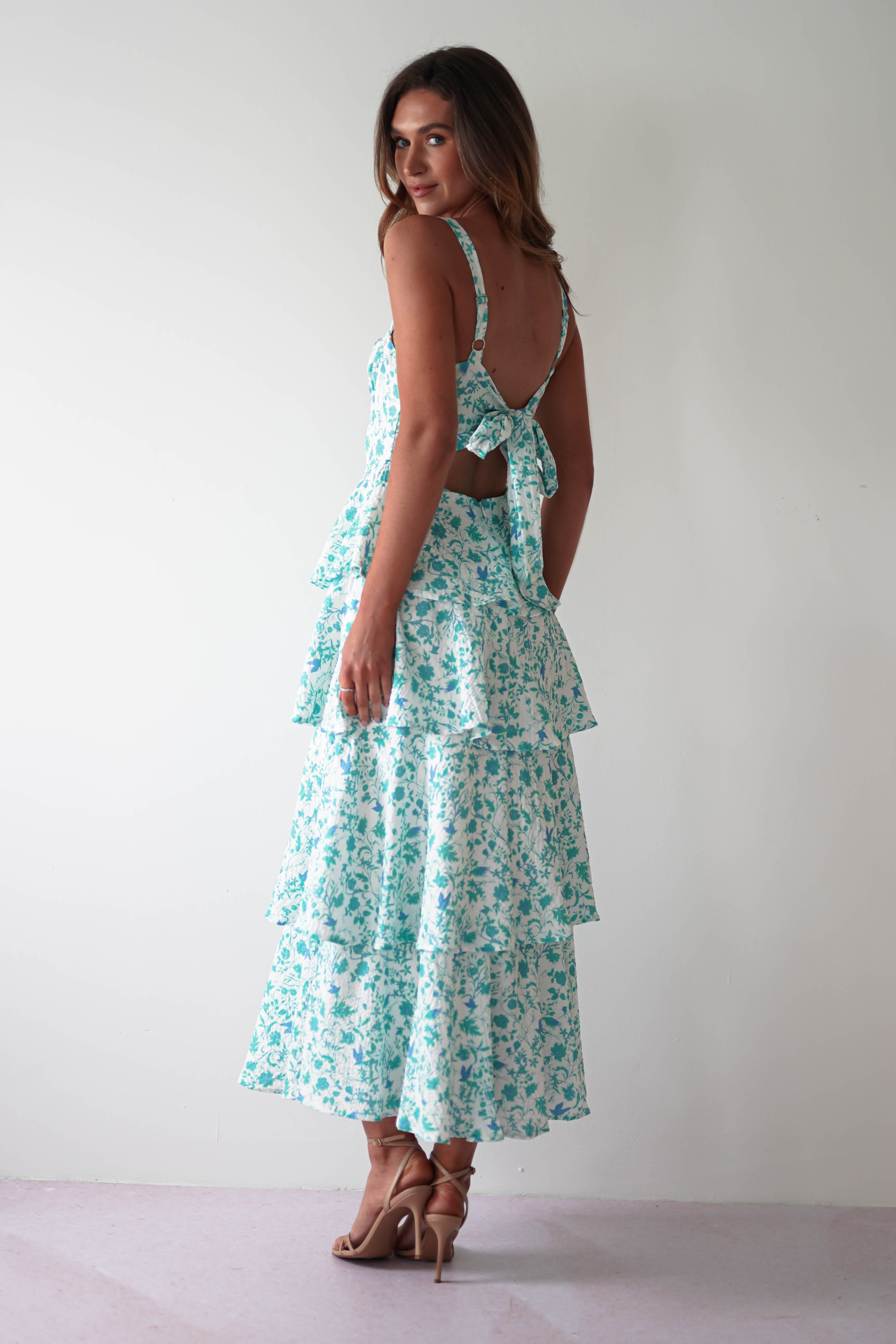 Emily Floral Ruffle Maxi Dress | Green/White - Oh Hello Clothing