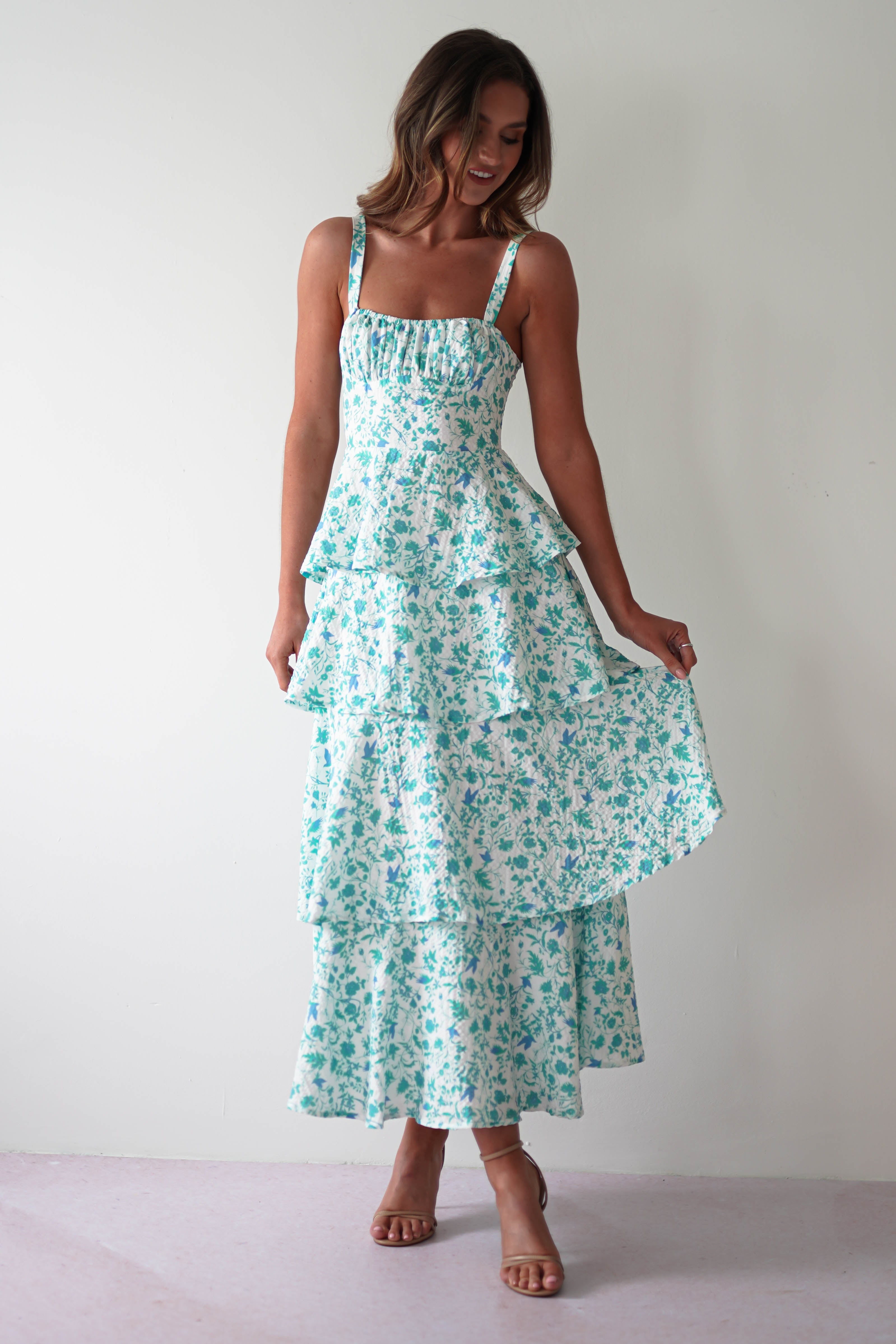 Emily Floral Ruffle Maxi Dress | Green/White - Oh Hello Clothing