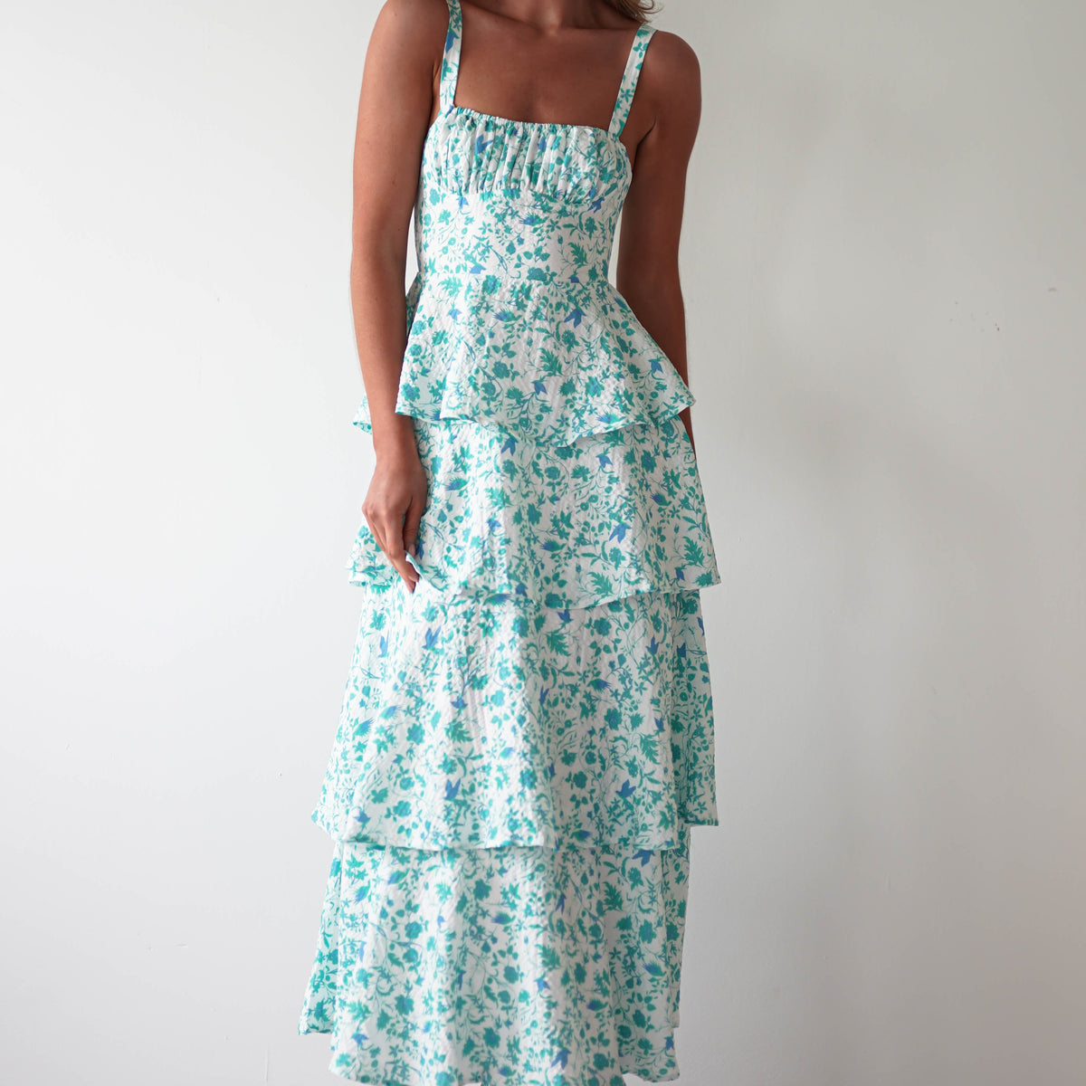 Emily Floral Ruffle Maxi Dress Green/White | Wedding Guest Dress