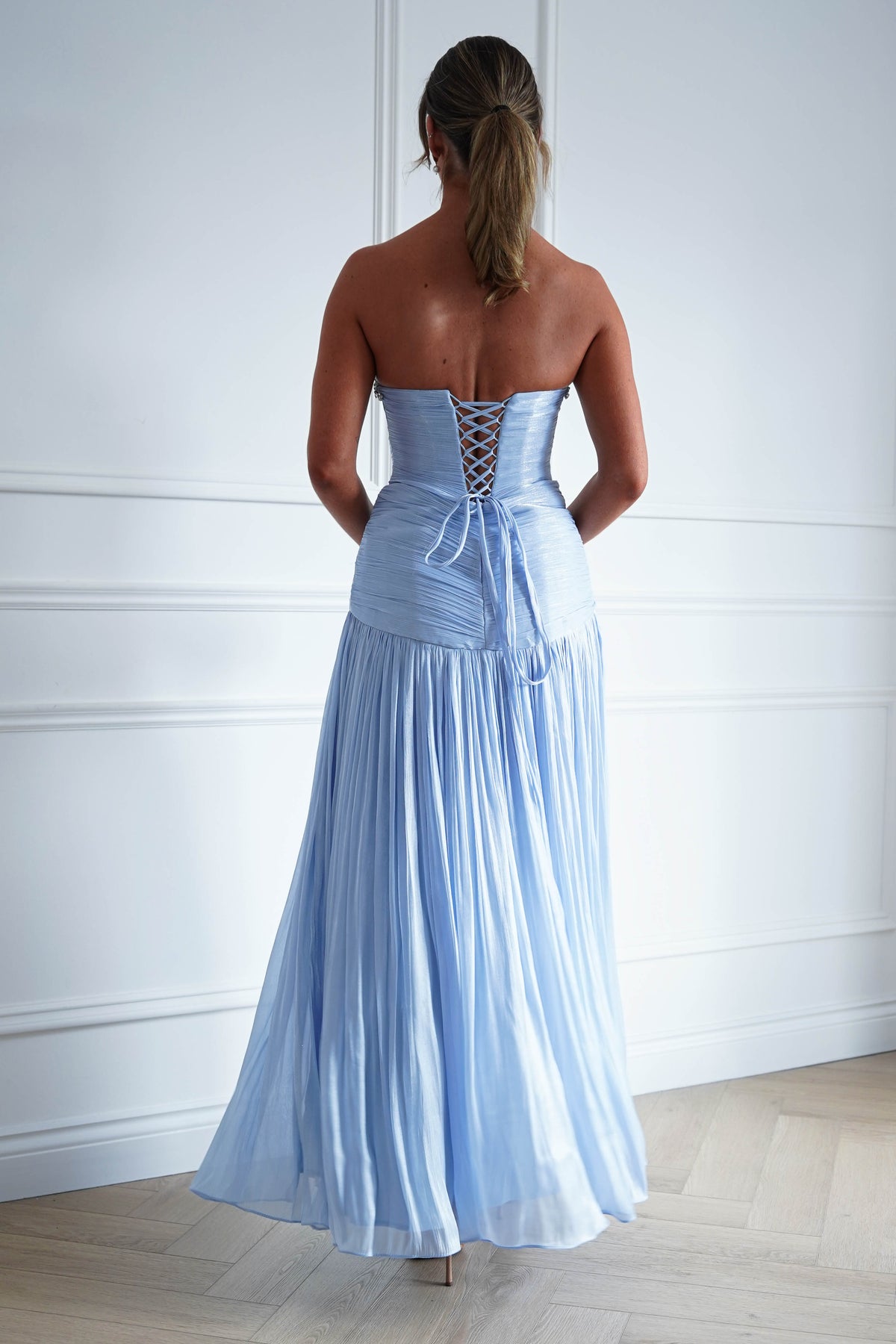 Oh Hello Clothing Dresses > Prom Dresses Estella Diamante Trim Ruched Maxi Gown | Blue