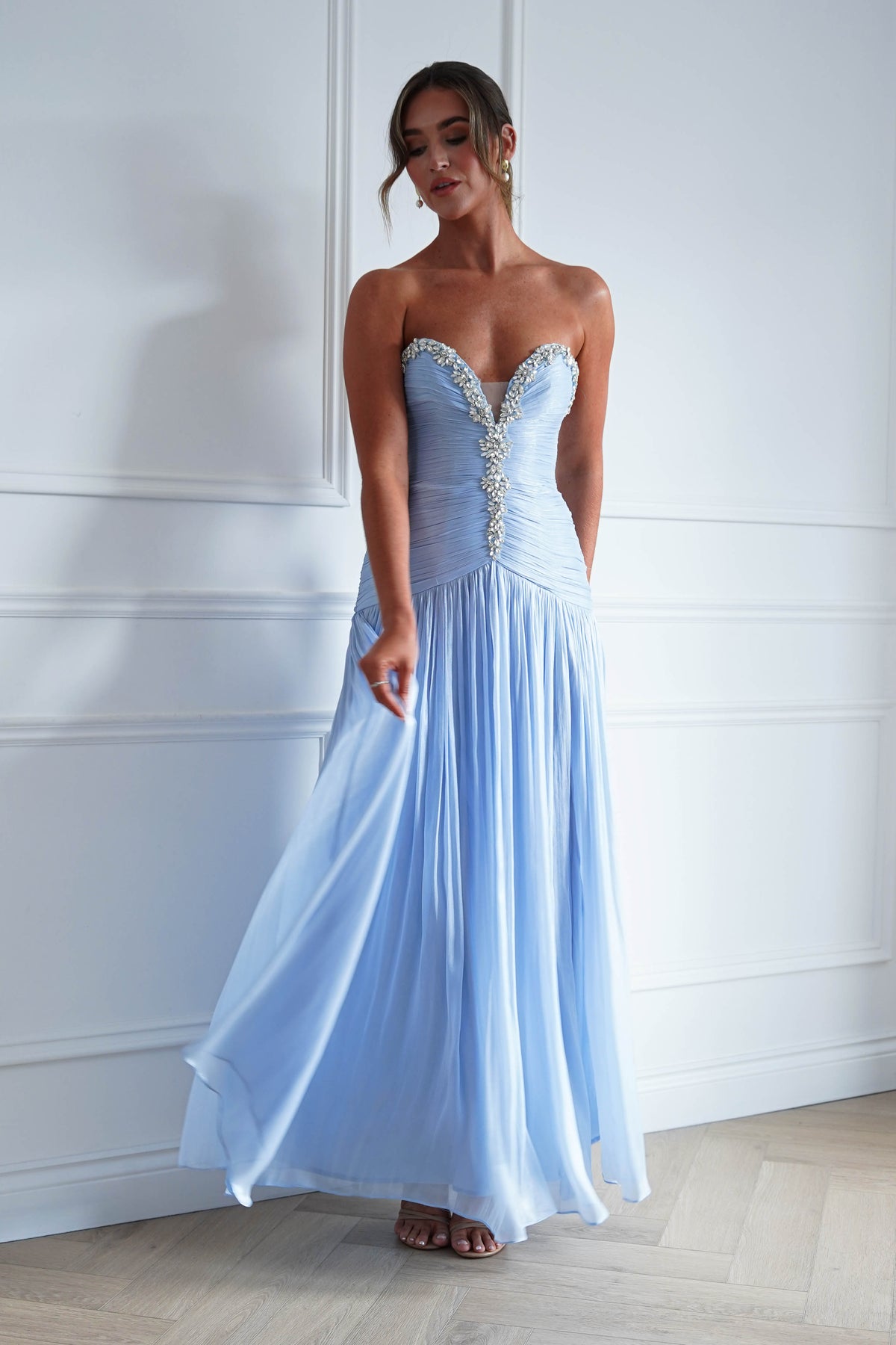 Oh Hello Clothing Dresses > Prom Dresses Estella Diamante Trim Ruched Maxi Gown | Blue