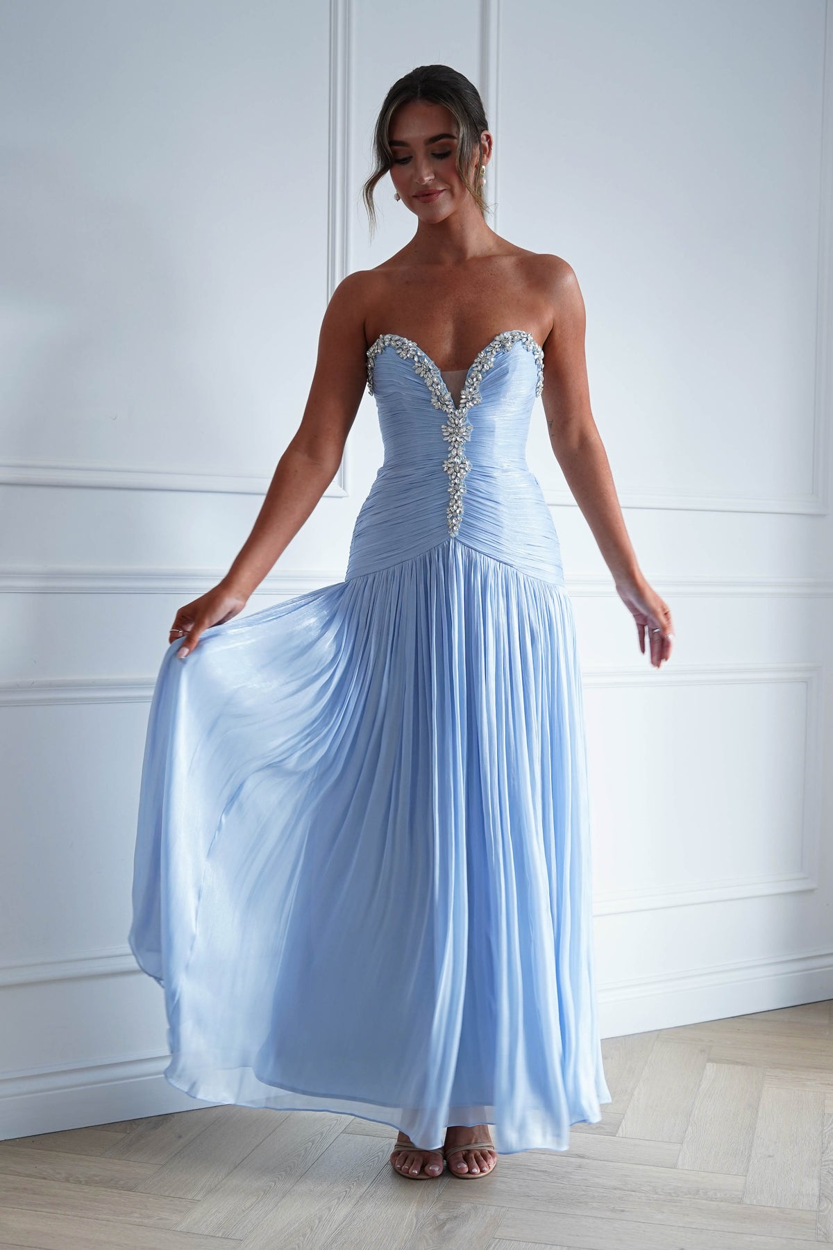 Oh Hello Clothing Dresses > Prom Dresses Estella Diamante Trim Ruched Maxi Gown | Blue