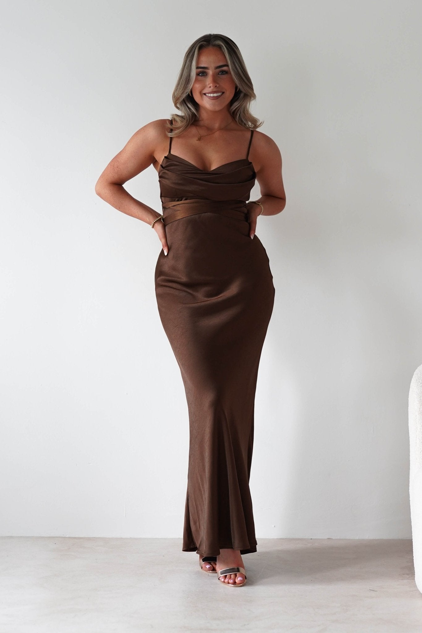Everleigh Soft Satin Midaxi Dress | Brown | Oh Hello Clothing | XS (6)