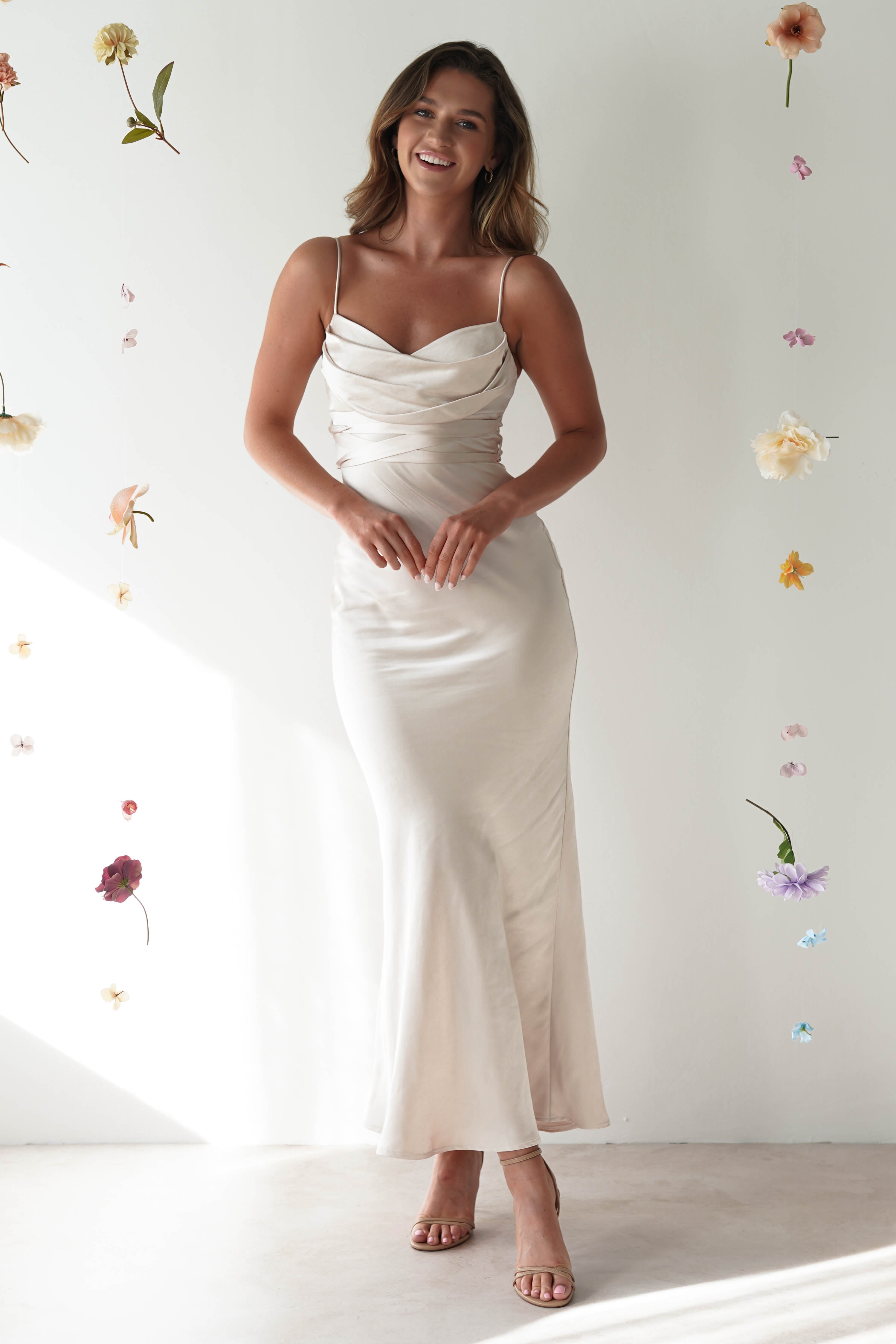 Everleigh Soft Satin Midi Dress | Champagne - Oh Hello Clothing