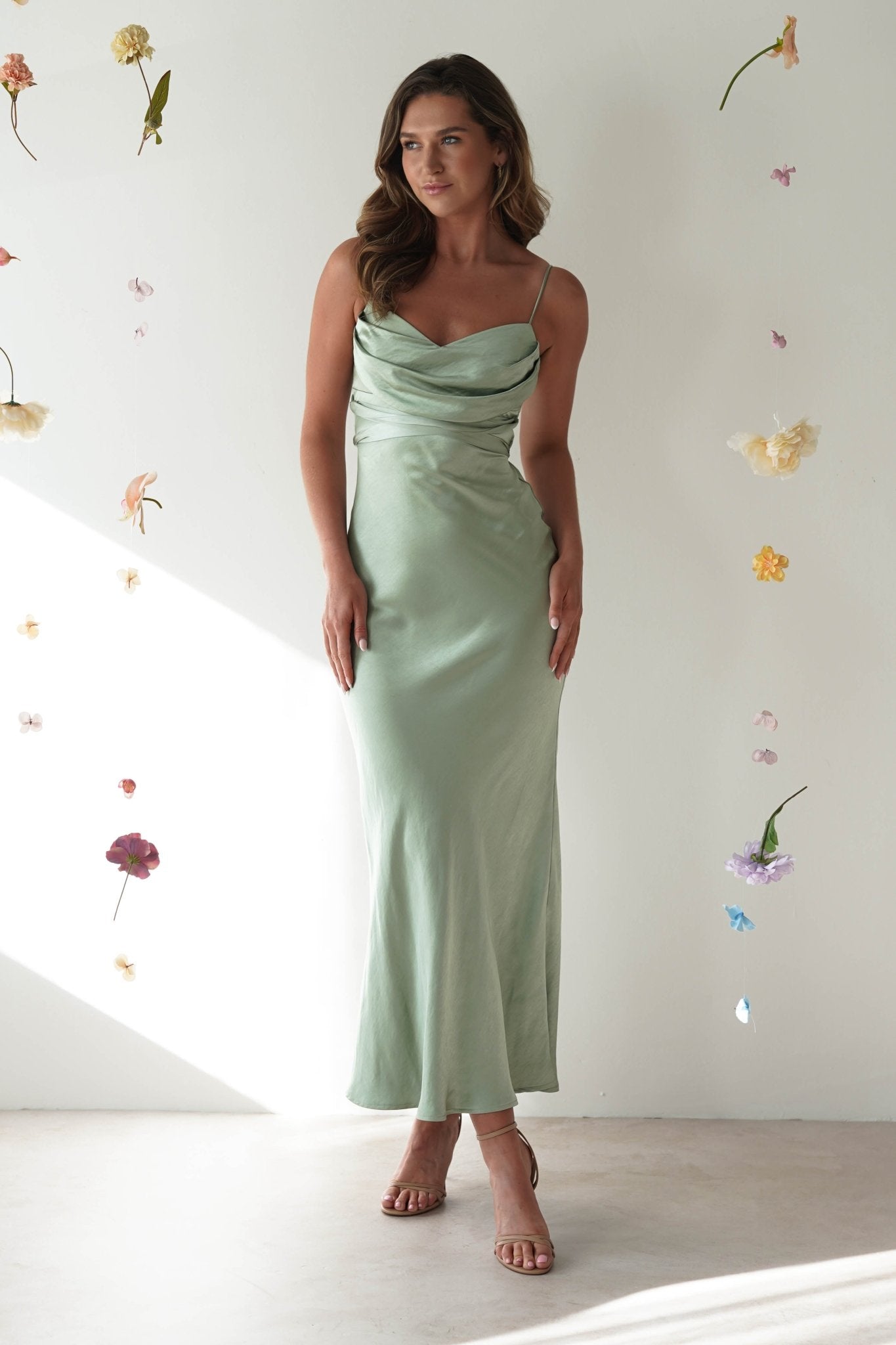 Everleigh Soft Satin Midi Dress | Sage | Oh Hello Clothing | XS (6)