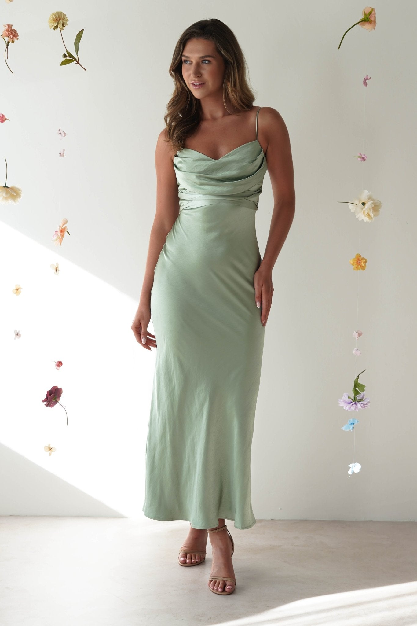 Everleigh Soft Satin Midi Dress | Sage | Oh Hello Clothing | XS (6)