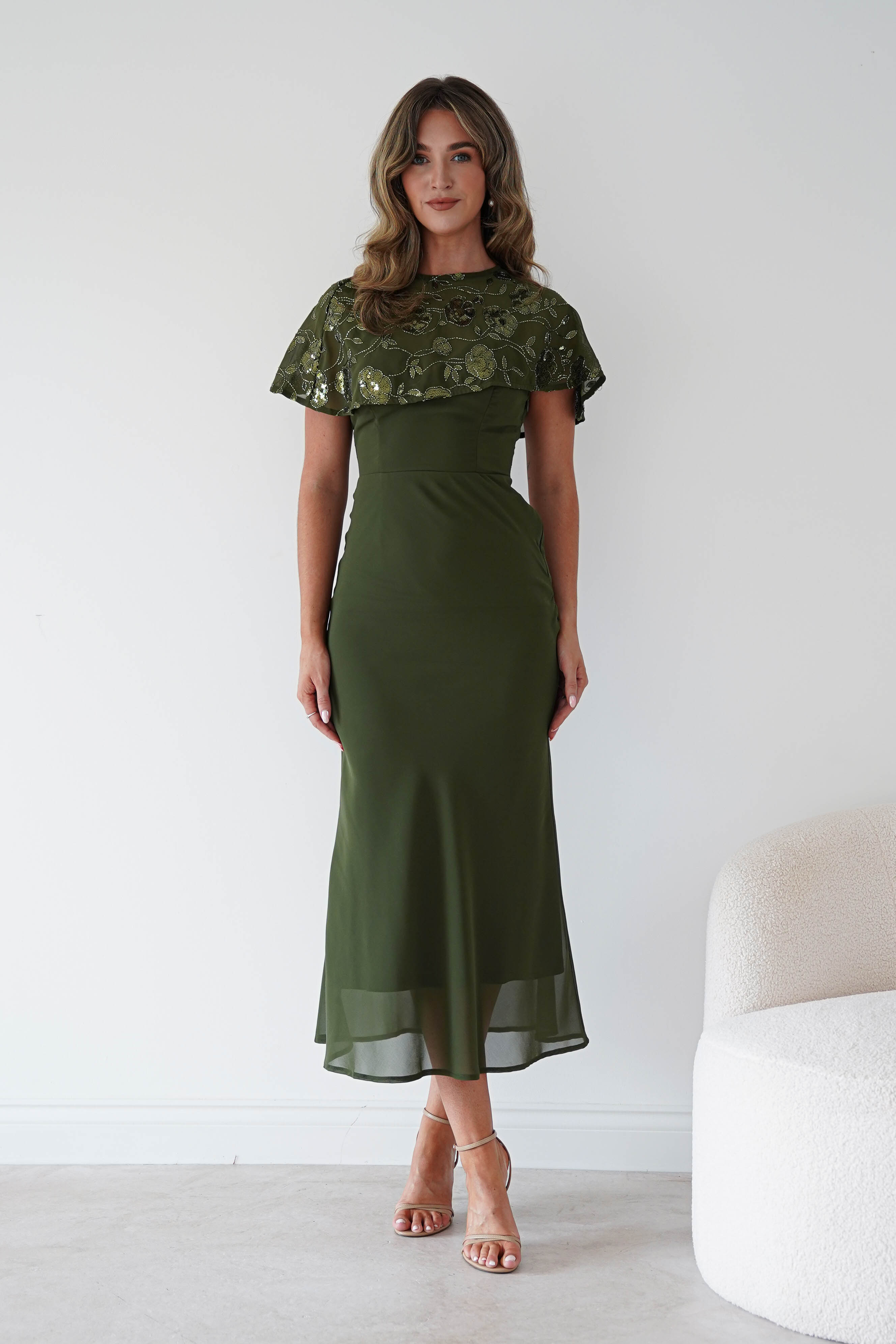 Oh Hello Clothing Women > Clothing > Dresses Fatima Sequin Cape Maxi Dress | Olive