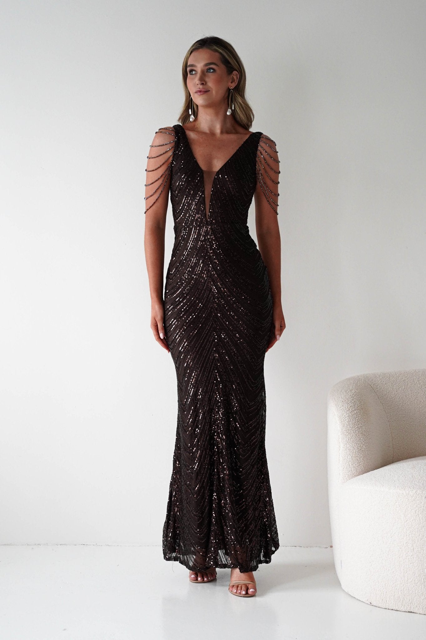 Fayette Embellished Sequin Gown | Brown | Debs & Prom | Oh Hello Clothing