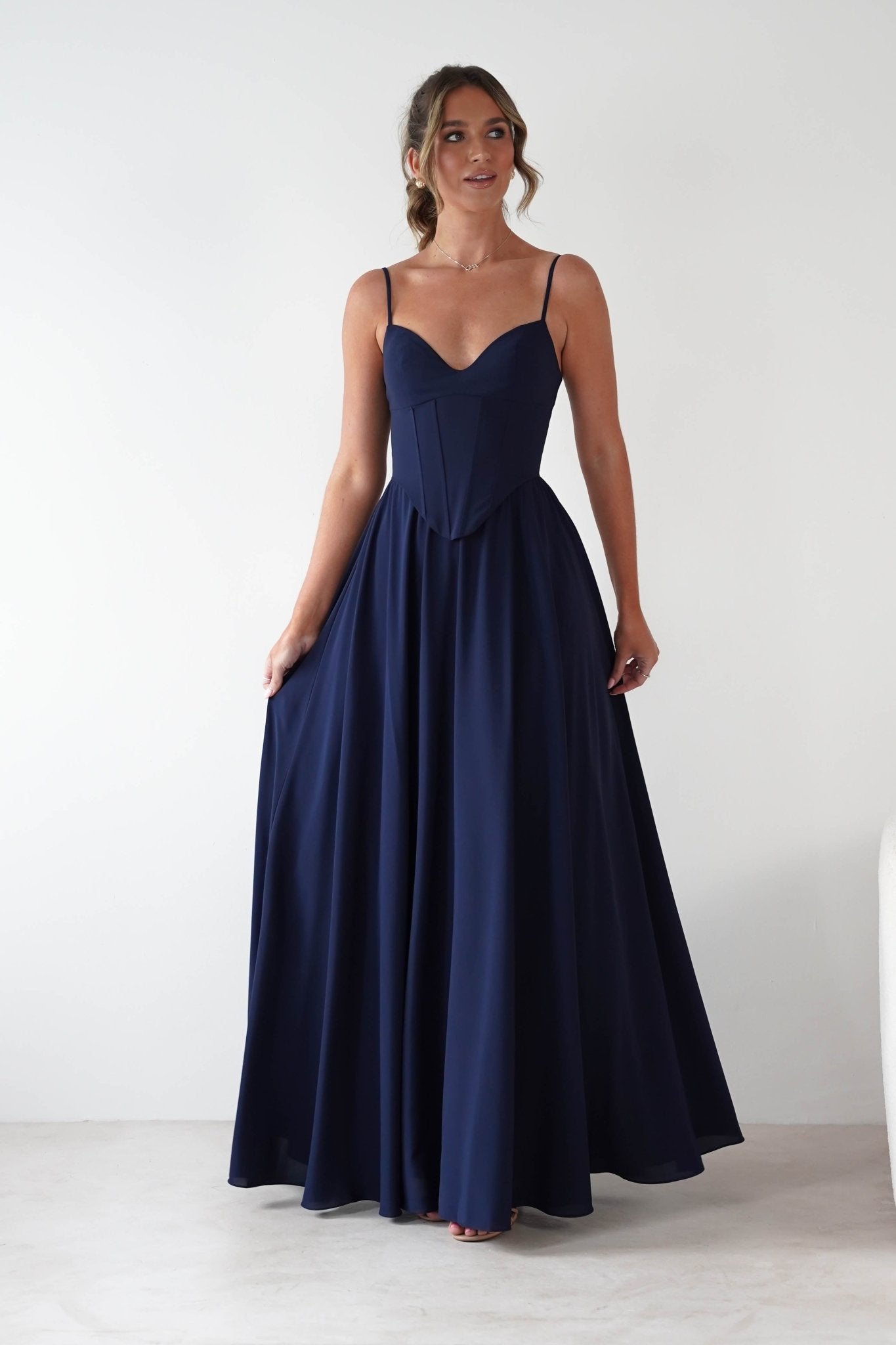 Felicity Lace Up Corset Maxi Dress | Navy | Oh Hello Clothing | XS (6)