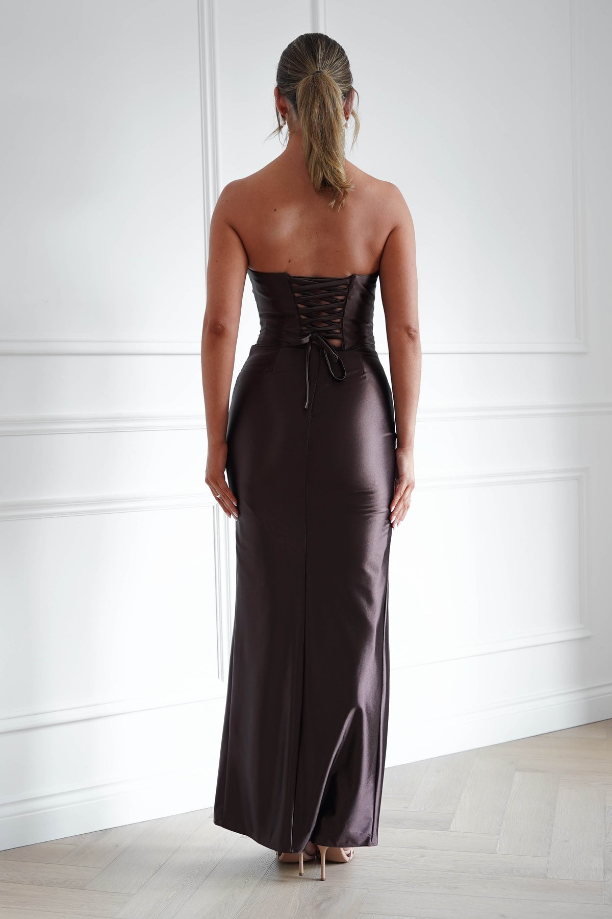 Oh Hello Clothing Dresses > Prom Dresses Flo Satin Lace Detail Maxi Dress | Brown