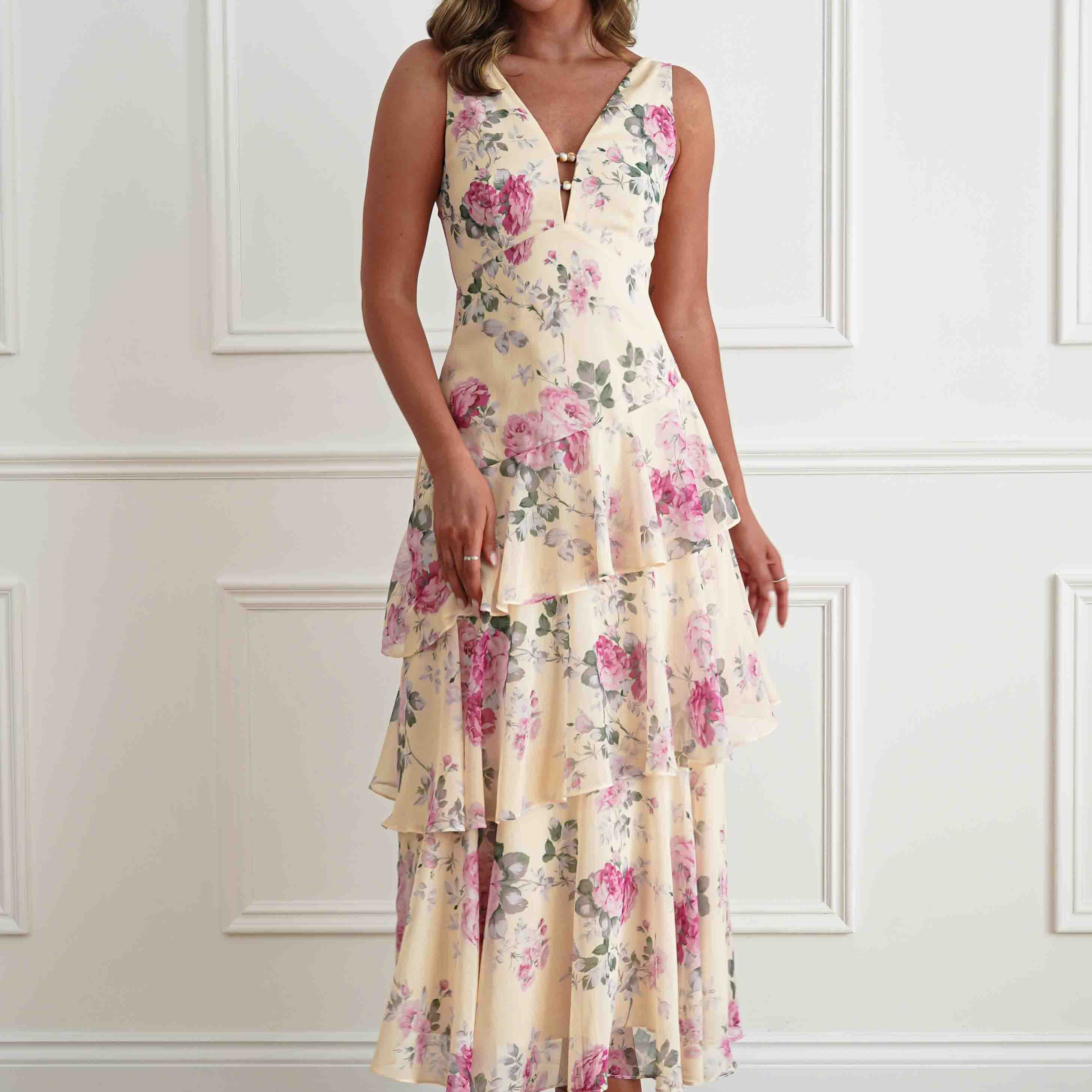 Oh Hello Clothing Women > Clothing > Dresses Flora Tiered Floral Print Maxi Dress | Yellow