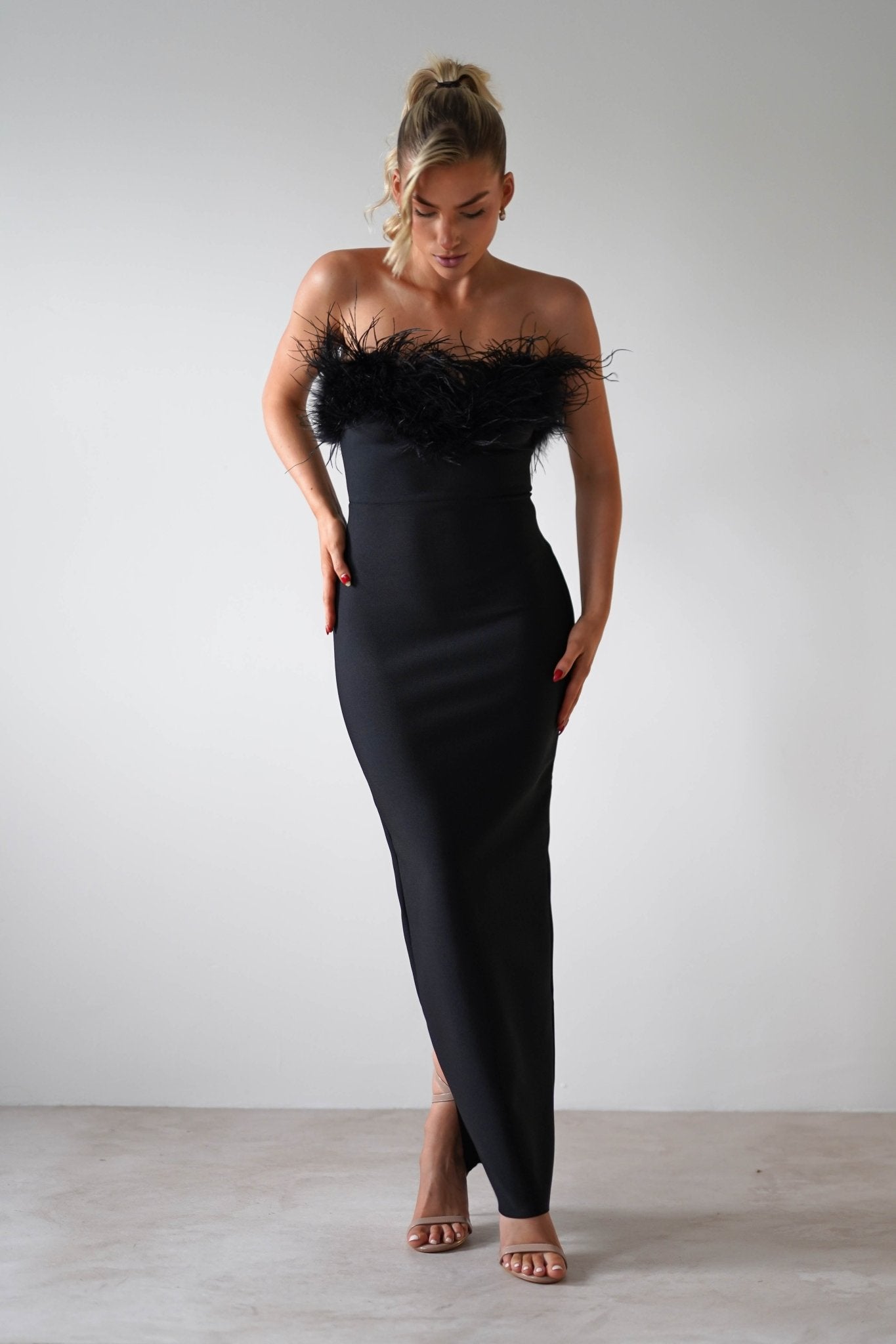 Gabbie Feather Bodycon Bandage Dress | Black | Oh Hello Clothing | S (8)