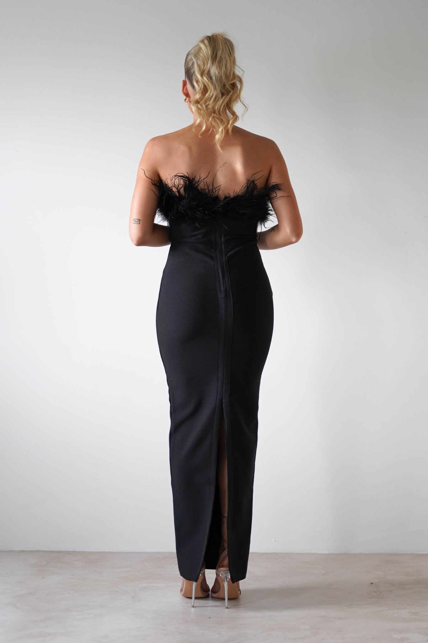 Gabbie Feather Bodycon Bandage Dress | Black | Oh Hello Clothing | S (8)