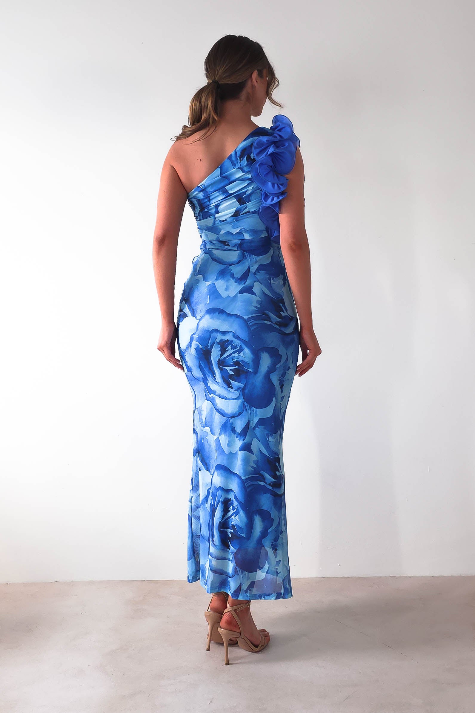Genie Ruffle Printed Maxi Dress | Blue | Oh Hello Clothing | XS (6)