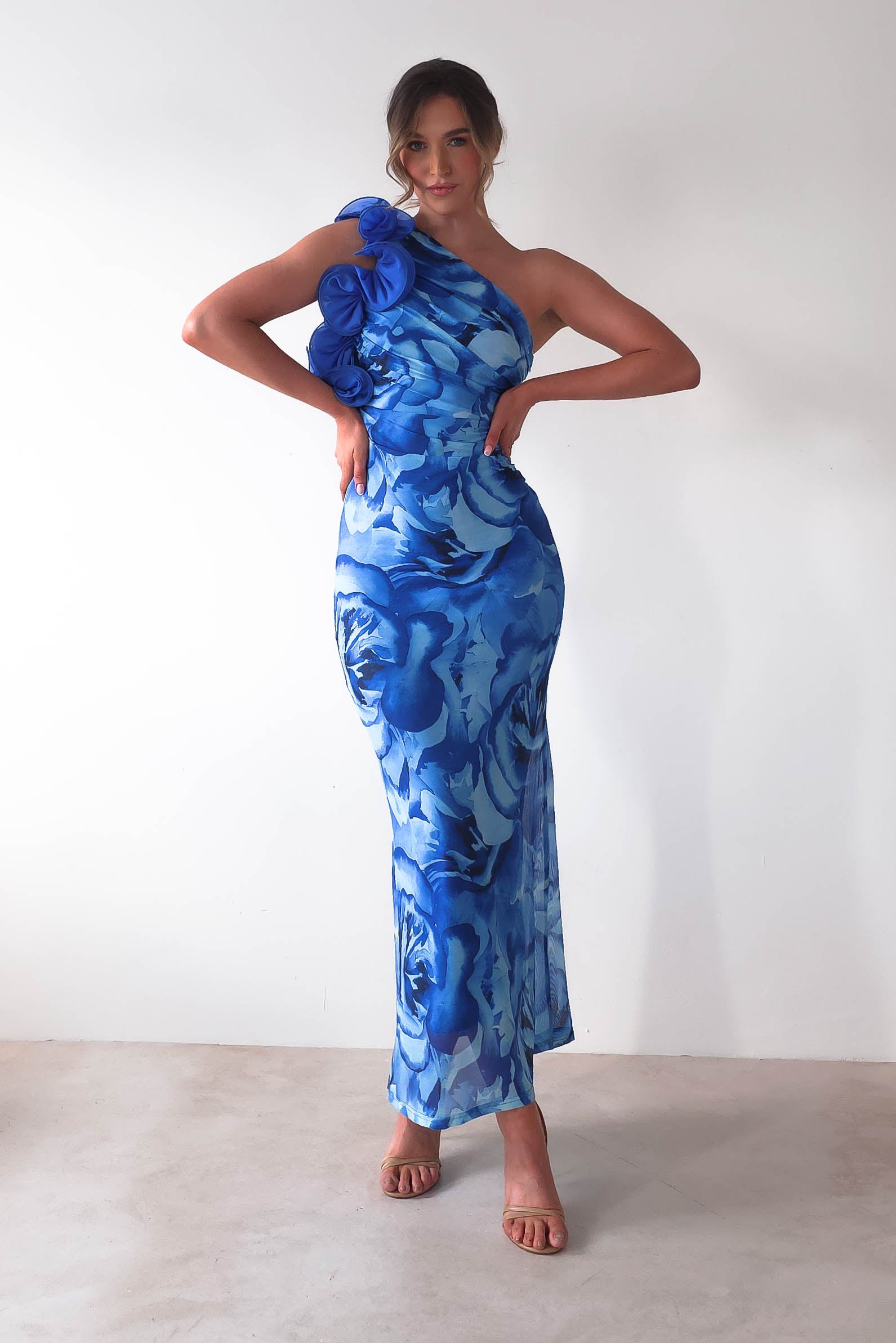 Genie Ruffle Printed Maxi Dress | Blue | Oh Hello Clothing | XS (6)