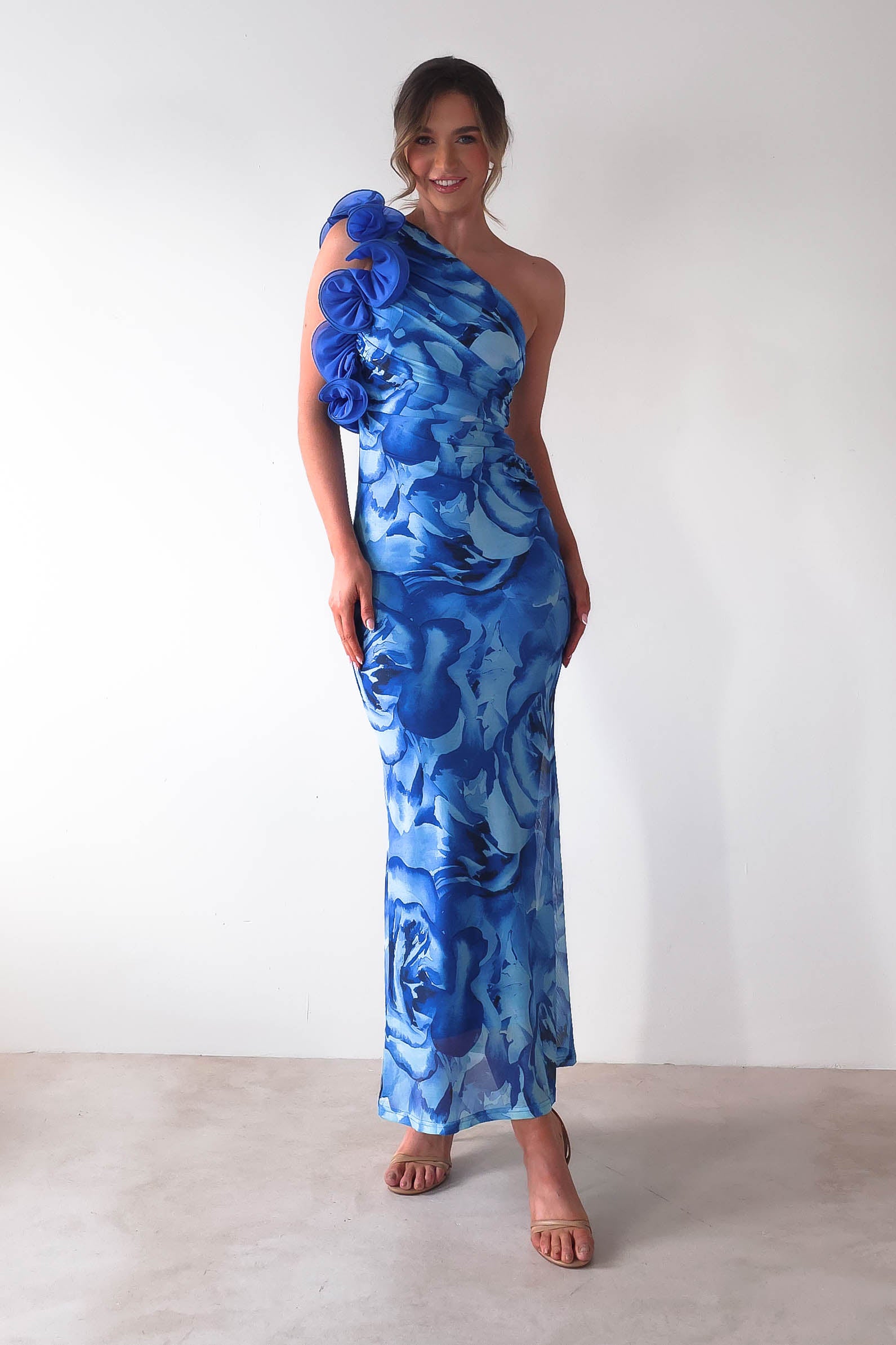 Genie Ruffle Printed Maxi Dress | Blue | Oh Hello Clothing | XS (6)