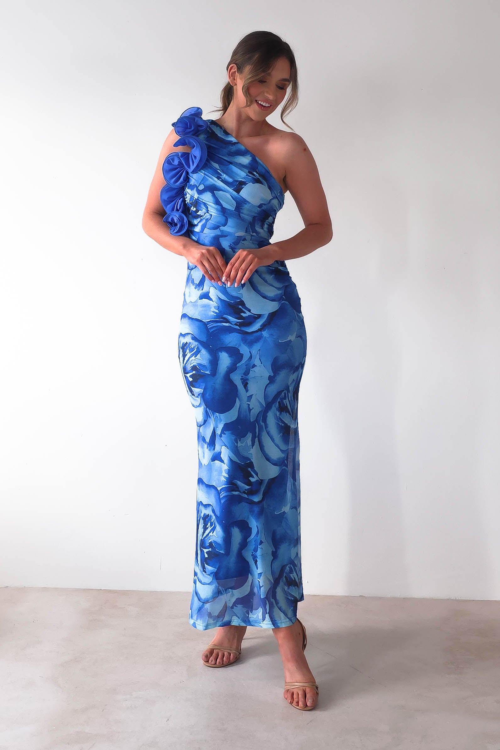 Genie Ruffle Printed Maxi Dress | Blue | Oh Hello Clothing | XS (6)