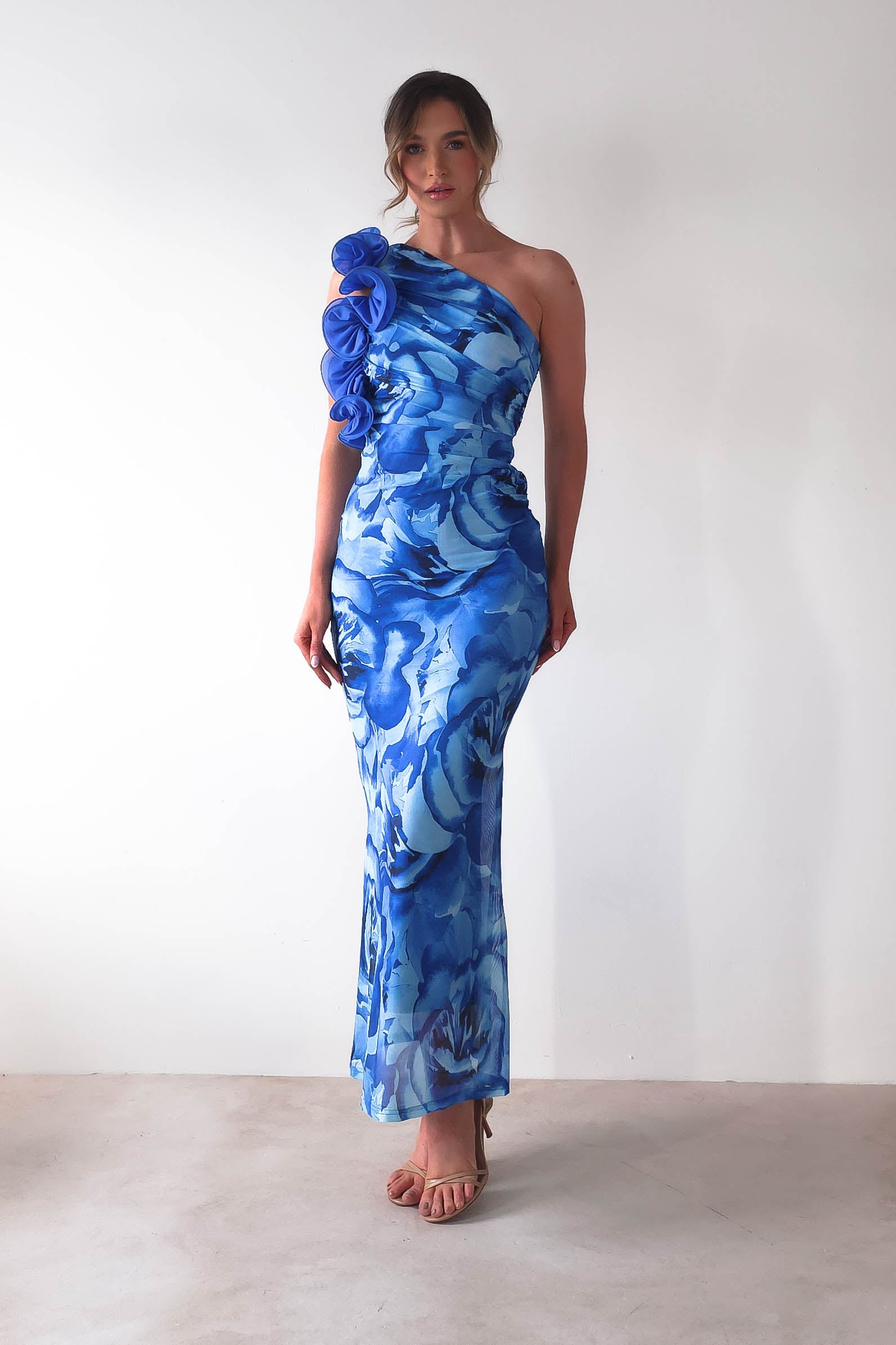Genie Ruffle Printed Maxi Dress | Blue | Oh Hello Clothing | XS (6)