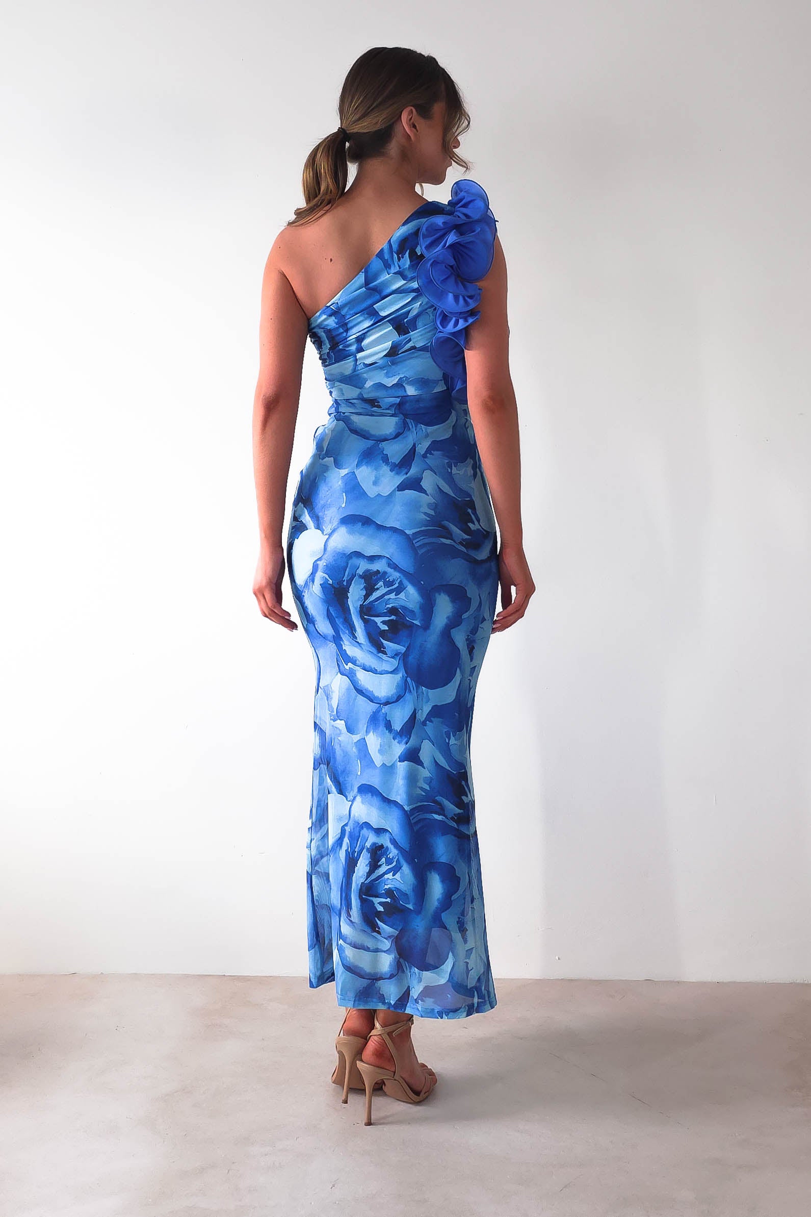 Genie Ruffle Printed Maxi Dress | Blue | Oh Hello Clothing | XS (6)