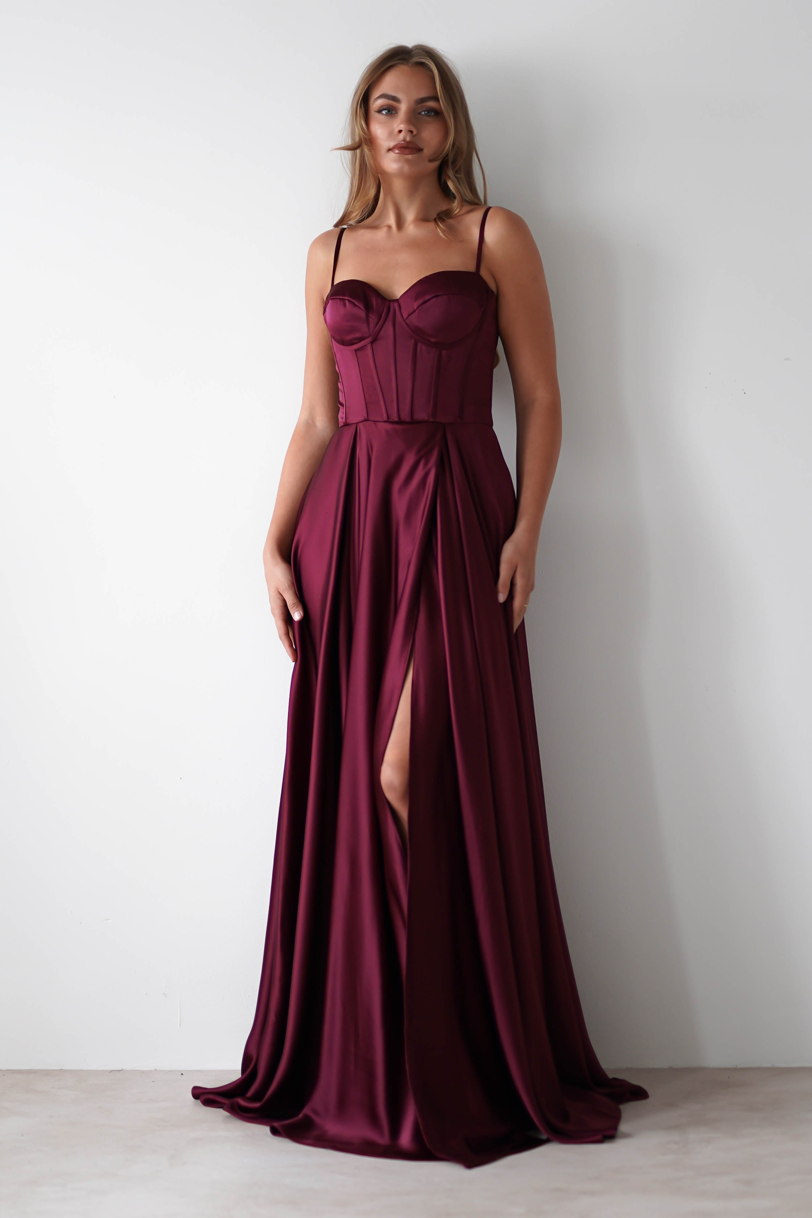 Georgia Soft Satin Maxi Gown | Burgundy | Oh Hello Clothing | S (8)