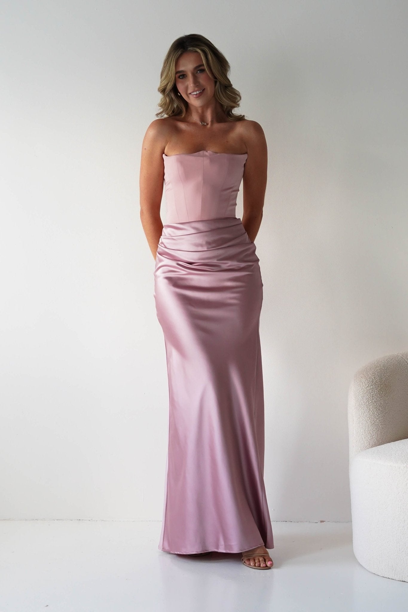 Giselle Corset Satin Maxi Dress | Blush | Oh Hello Clothing | XS (6)