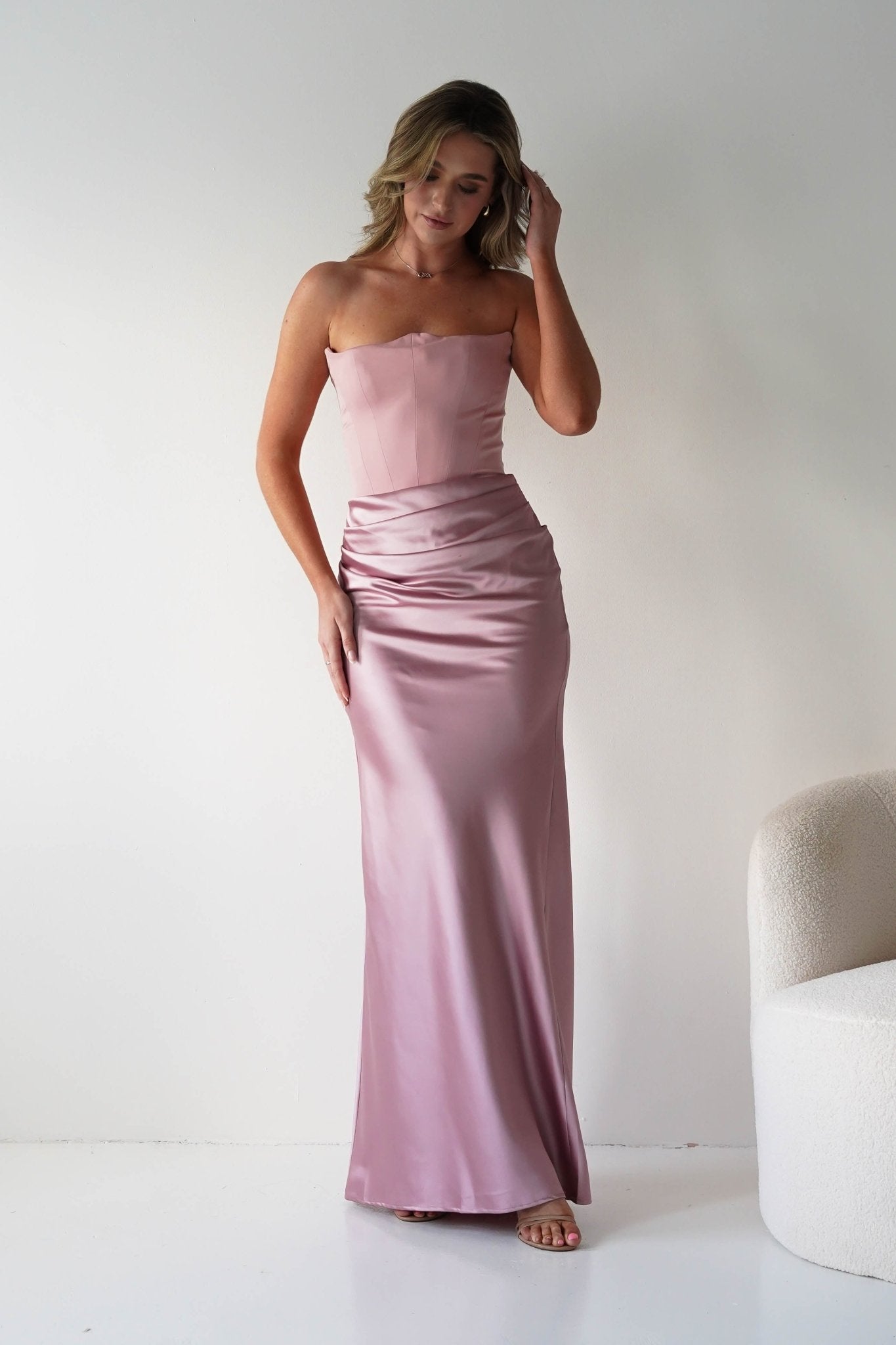 Giselle Corset Satin Maxi Dress | Blush | Oh Hello Clothing | XS (6)