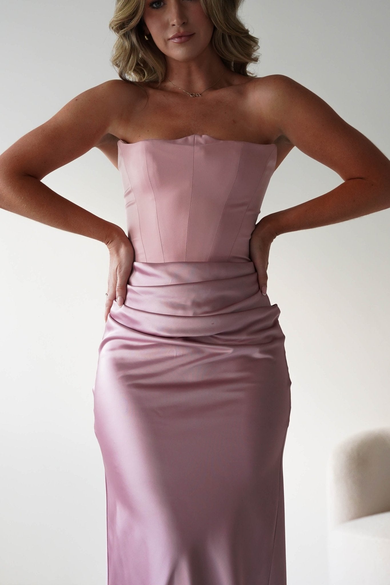 Giselle Corset Satin Maxi Dress | Blush | Oh Hello Clothing | XS (6)