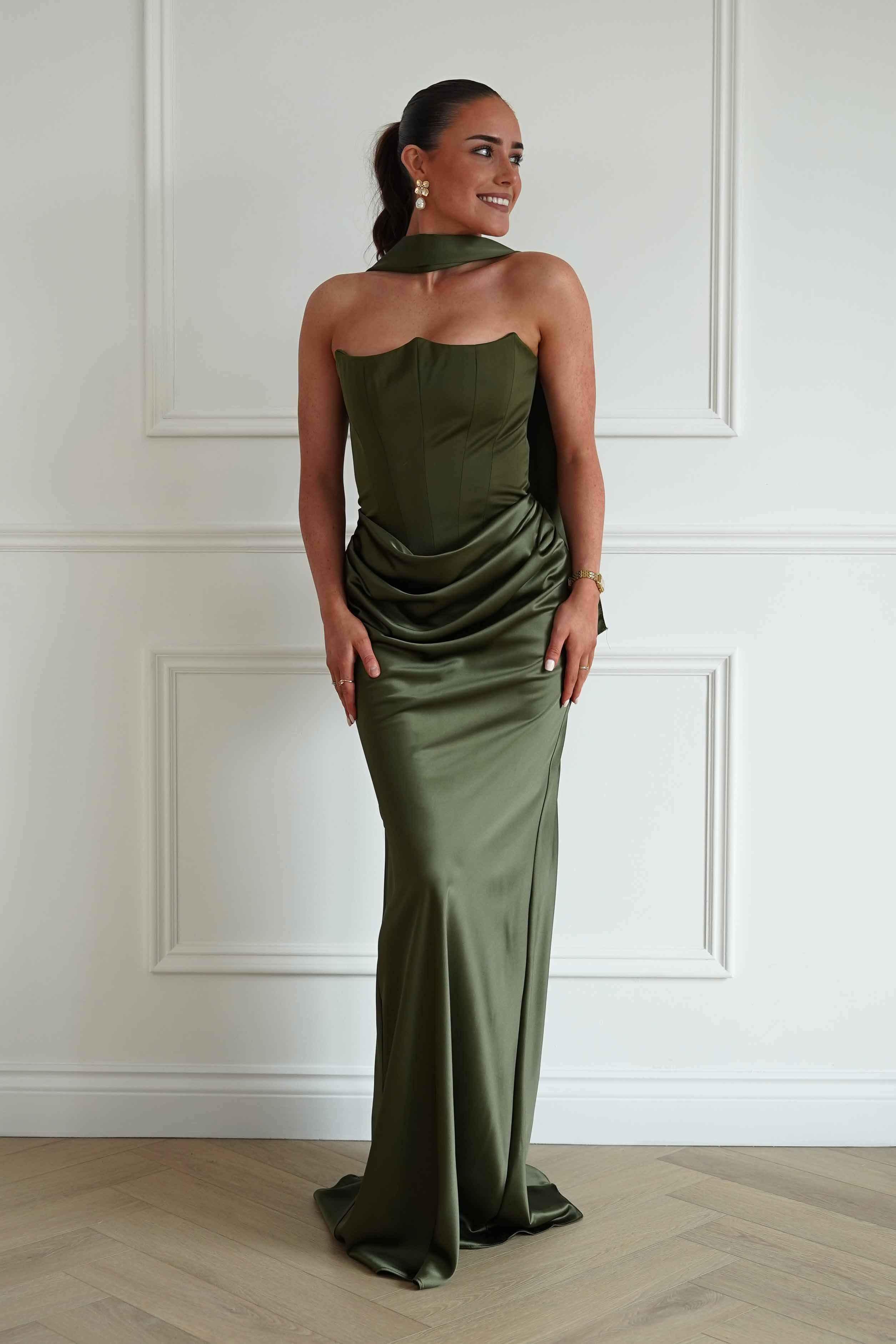 Oh Hello Clothing Dresses > Prom Dresses Giselle Corset Satin Maxi Dress | Olive
