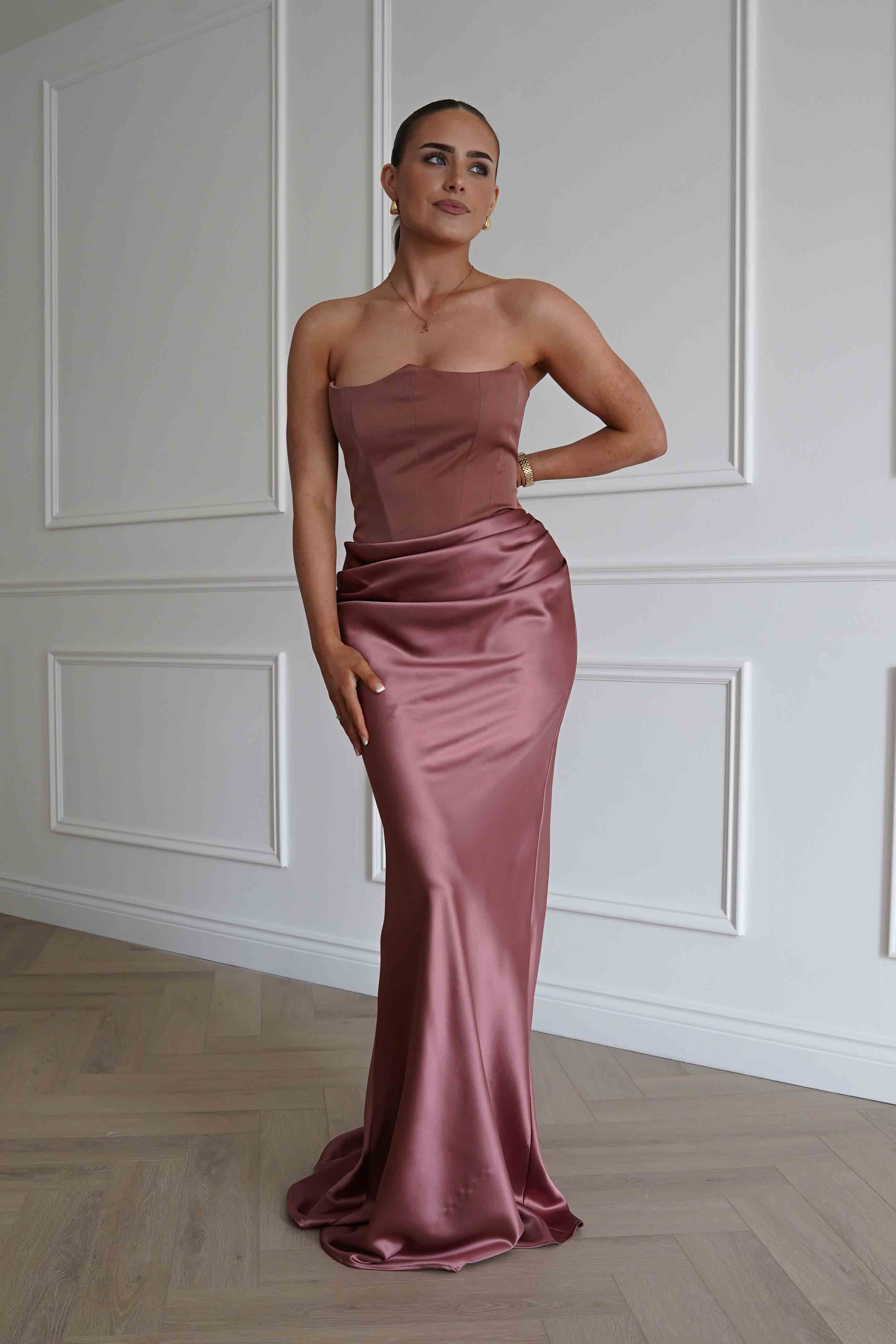 Oh Hello Clothing Dresses > Prom Dresses Giselle Corset Satin Maxi Dress | Rosewood