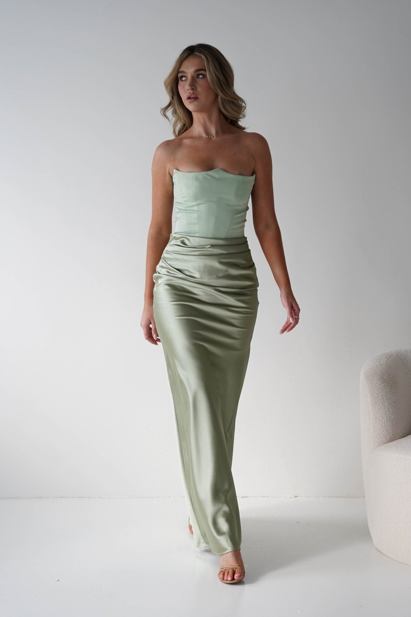 Giselle Corset Satin Maxi Dress | Sage | Oh Hello Clothing | XS (6)