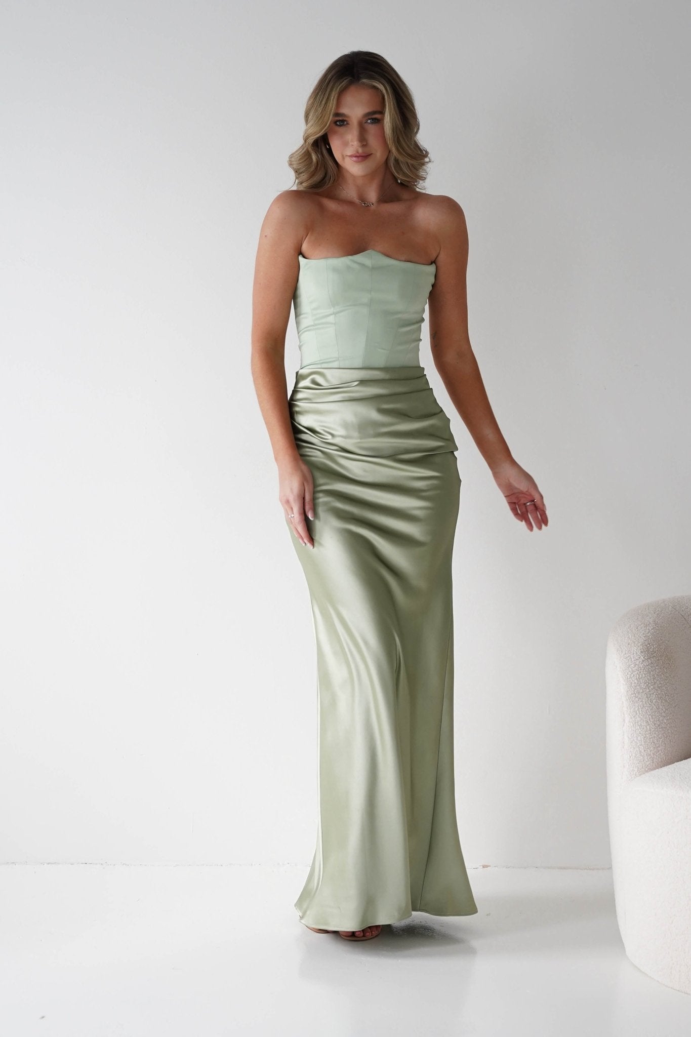 Giselle Corset Satin Maxi Dress | Sage | Oh Hello Clothing | XS (6)