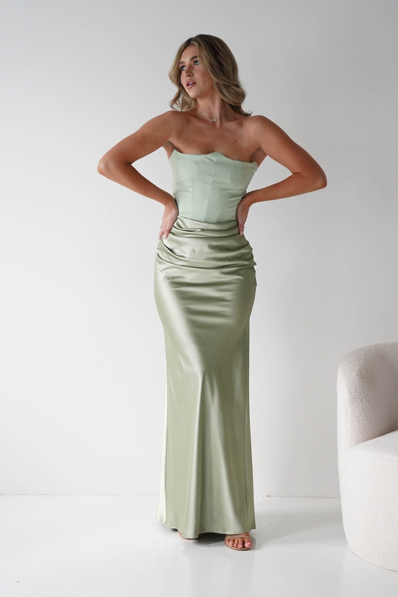 Giselle Corset Satin Maxi Dress Sage | Wedding Guest Dress | Corset Bodice | Maxi | Oh Hello Clothing