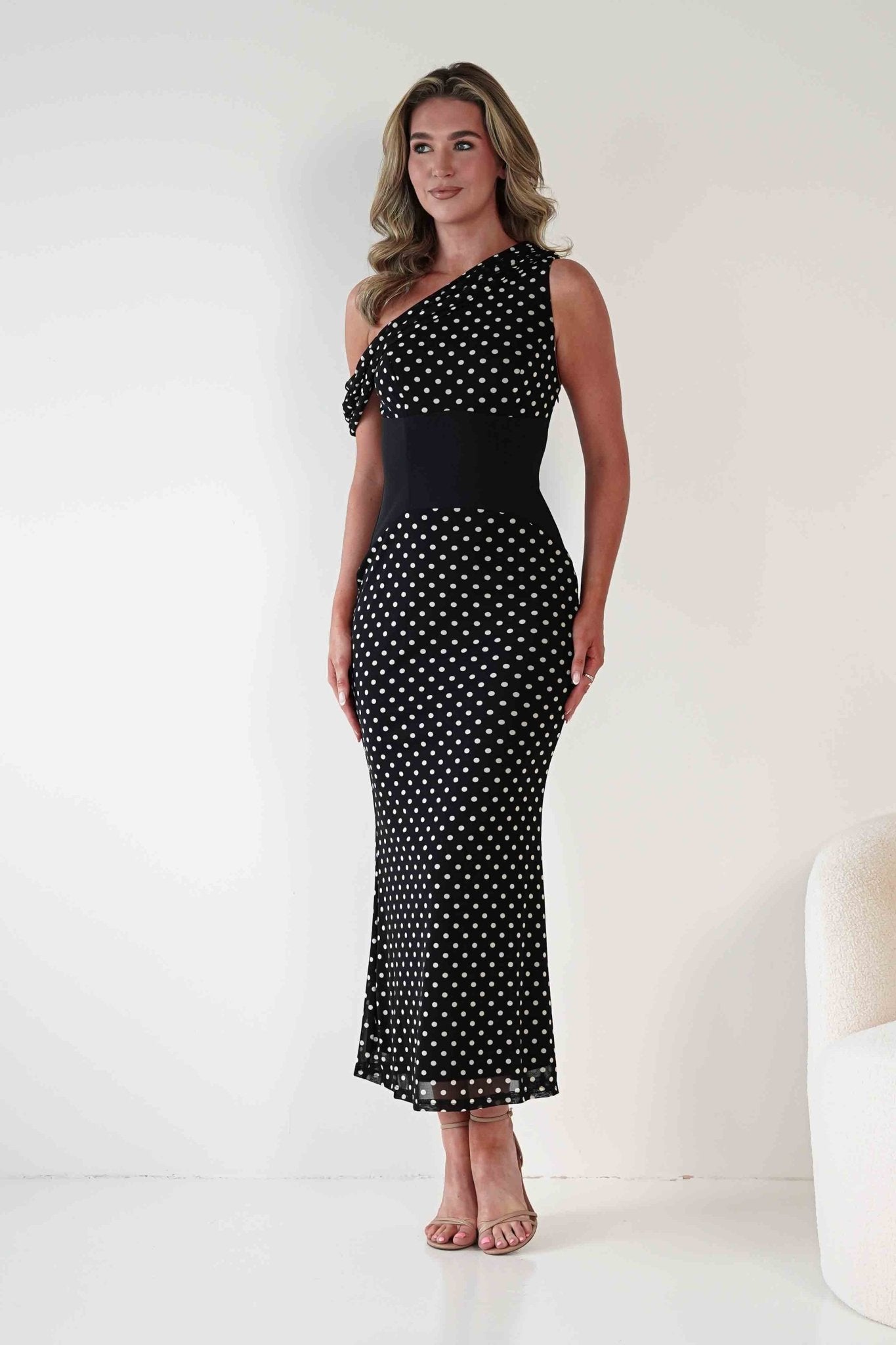 Hailey One Shoulder Polka Dot Dress | Black | Oh Hello Clothing | XS (6)