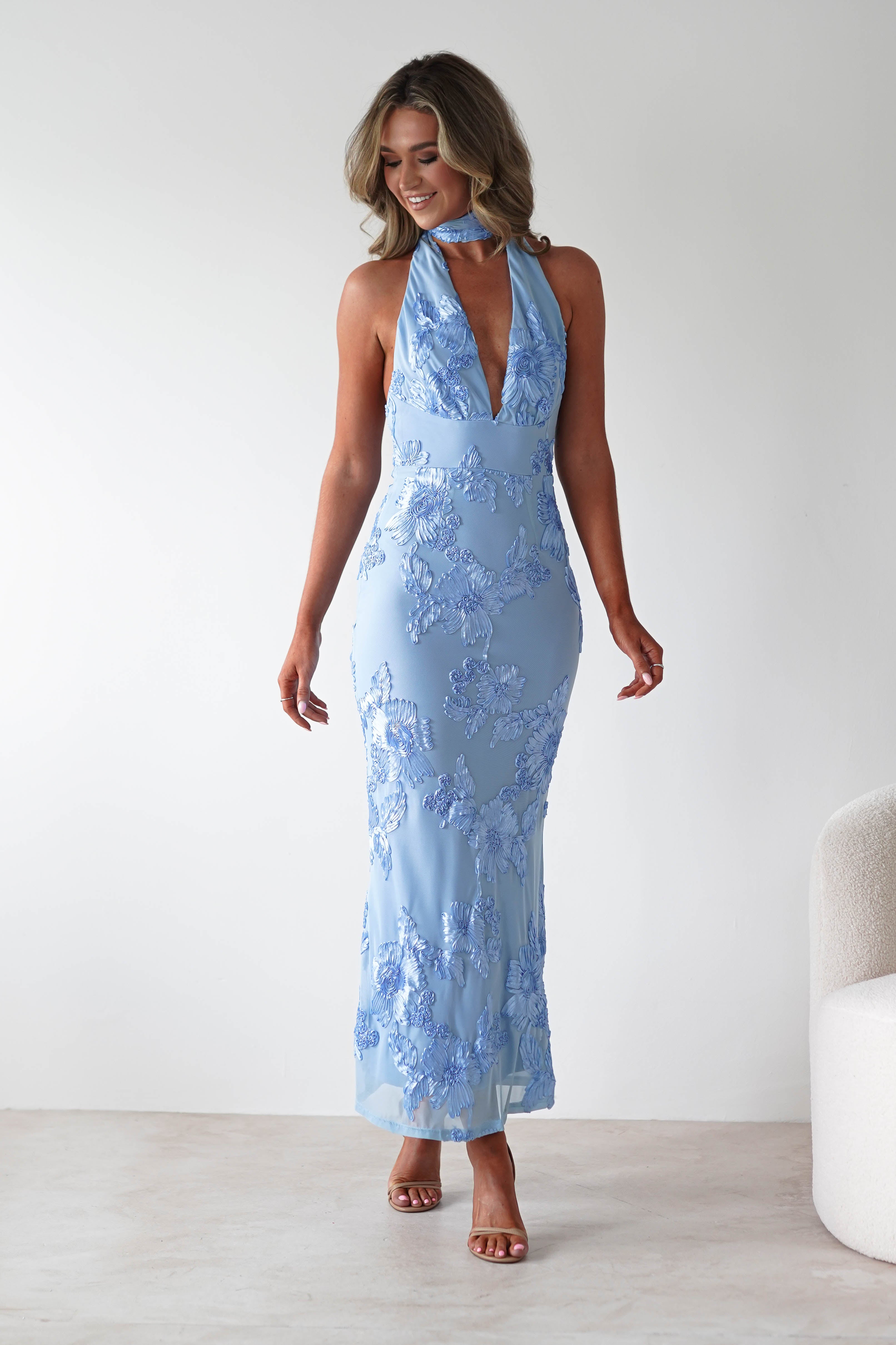 Halsey Tie Back Maxi Dress | Blue Textured | Oh Hello Clothing | XS (6)