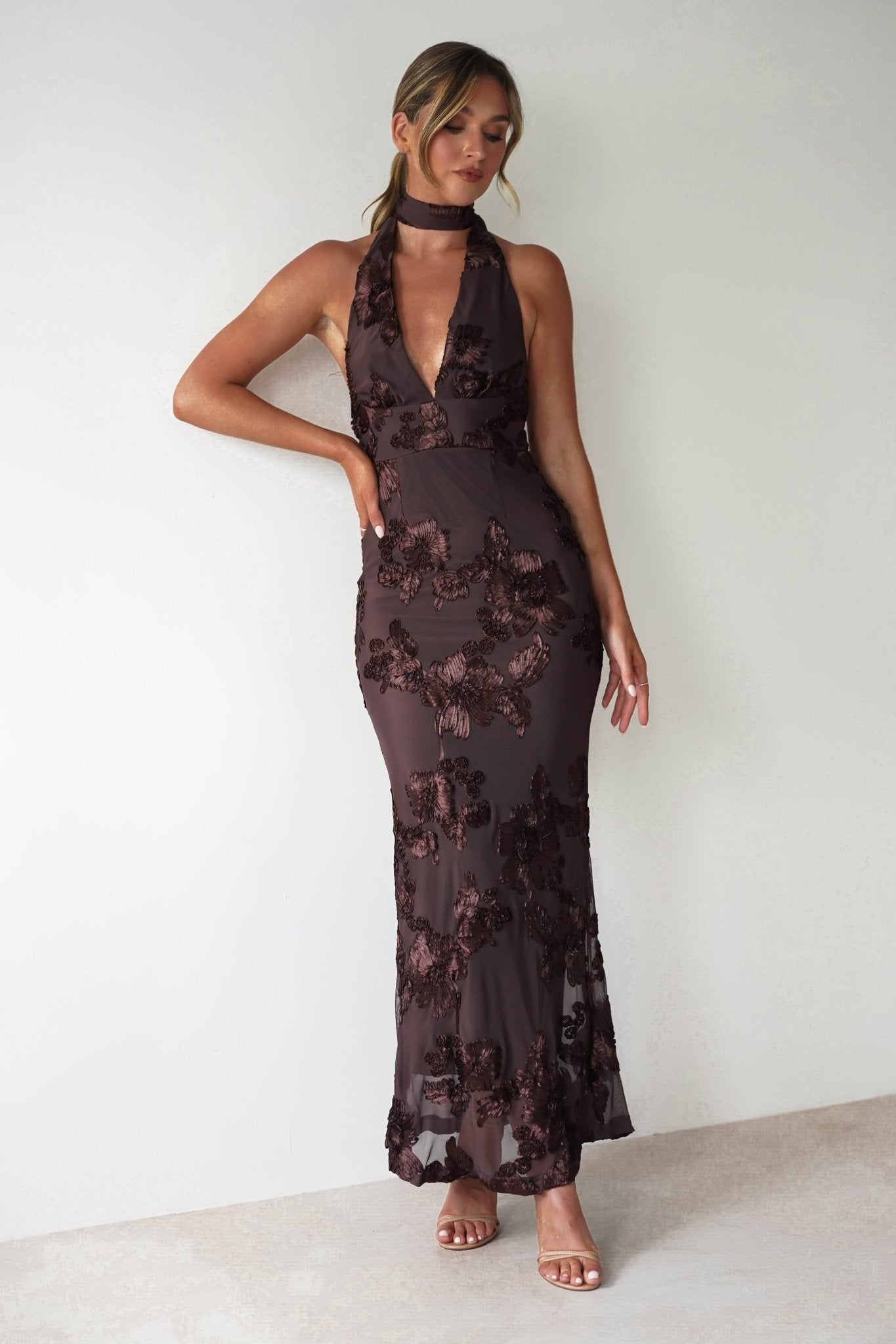 Halsey Tie Back Maxi Dress | Brown Textured | Oh Hello Clothing | XS (6)
