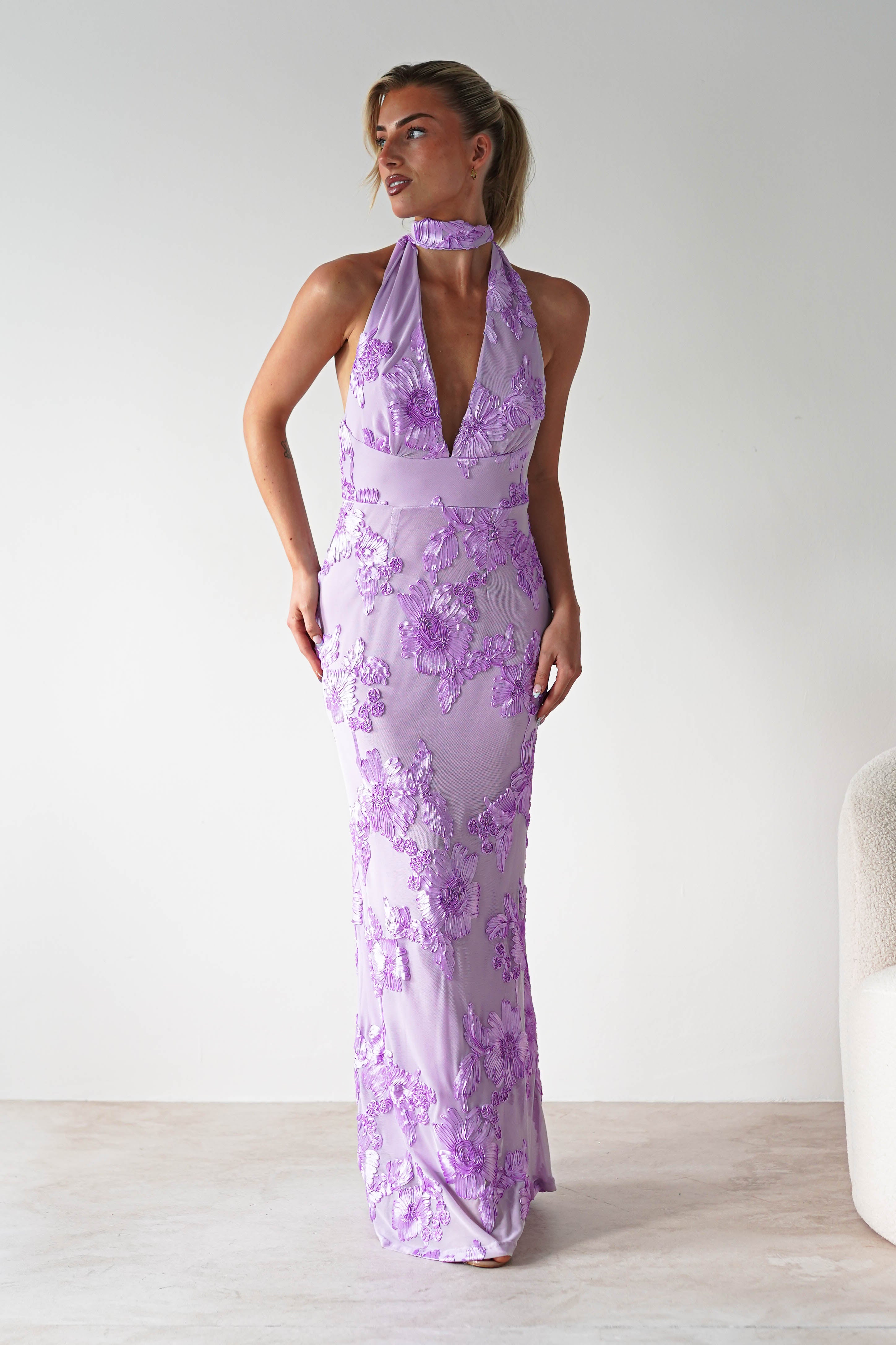 Halsey Tie Back Maxi Dress | Lilac Textured | Oh Hello Clothing | XS (6)