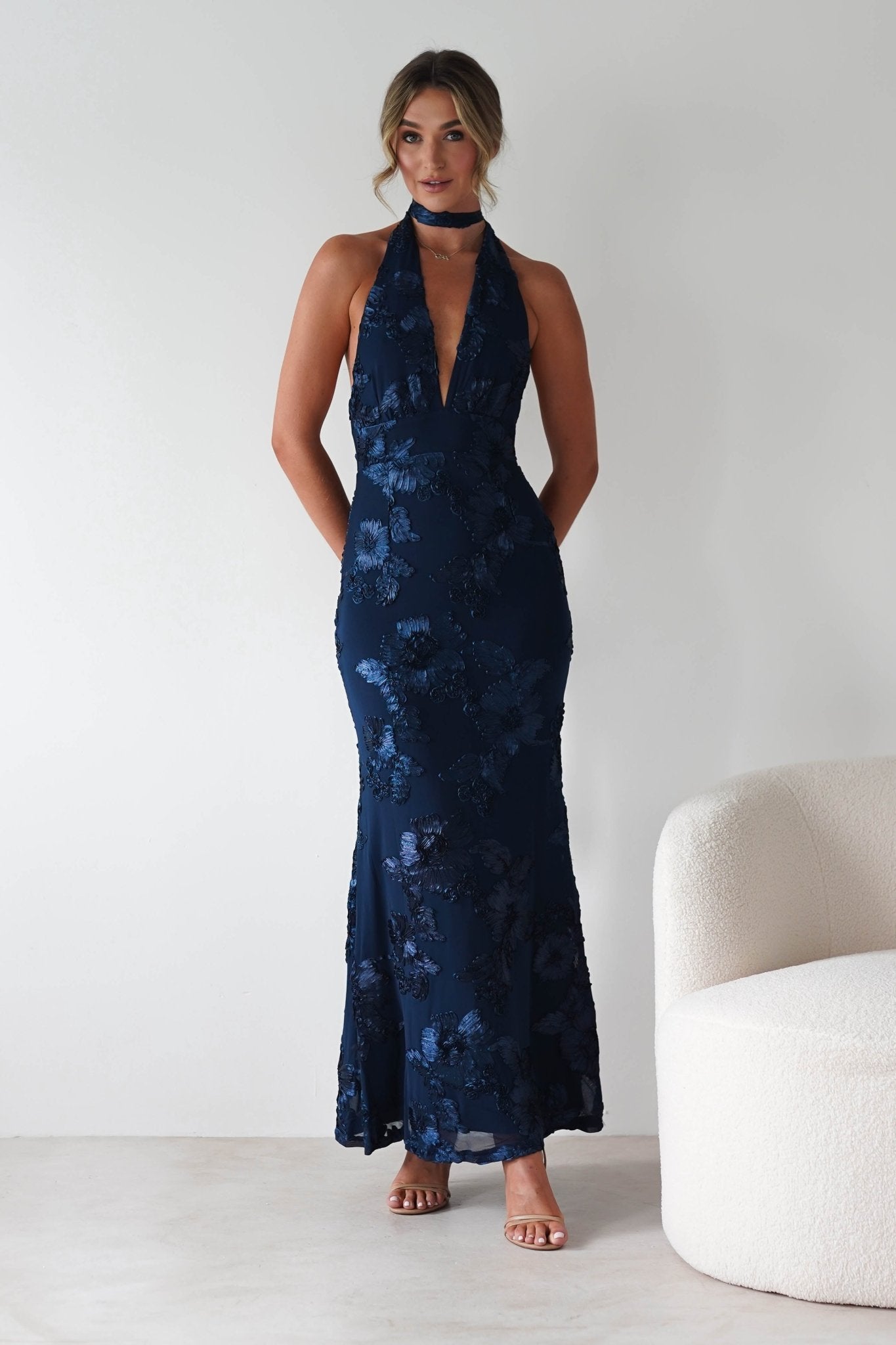 Halsey Tie Back Maxi Dress | Navy Textured | Oh Hello Clothing | XS (6)