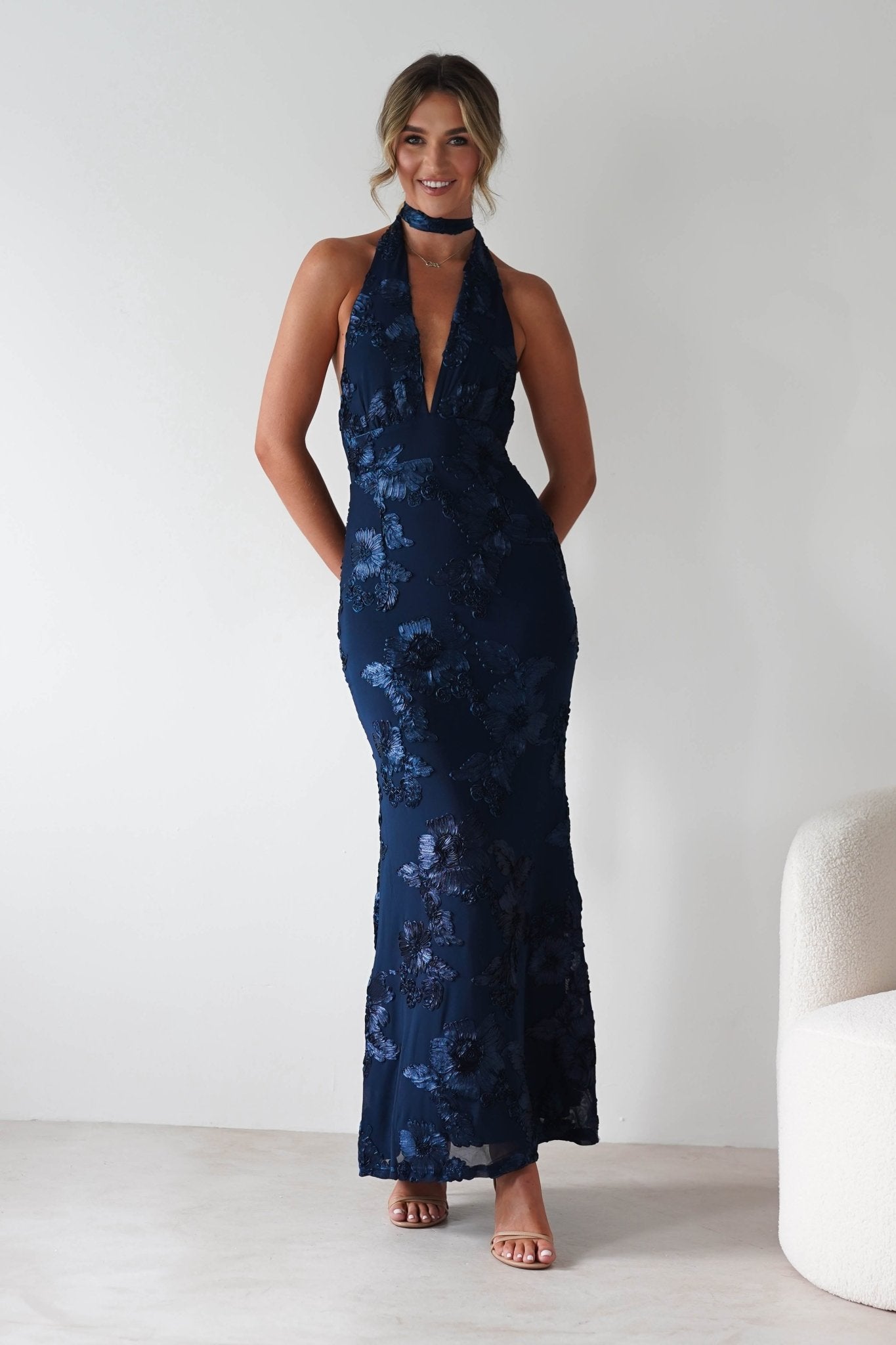 Halsey Tie Back Maxi Dress | Navy Textured | Oh Hello Clothing | XS (6)