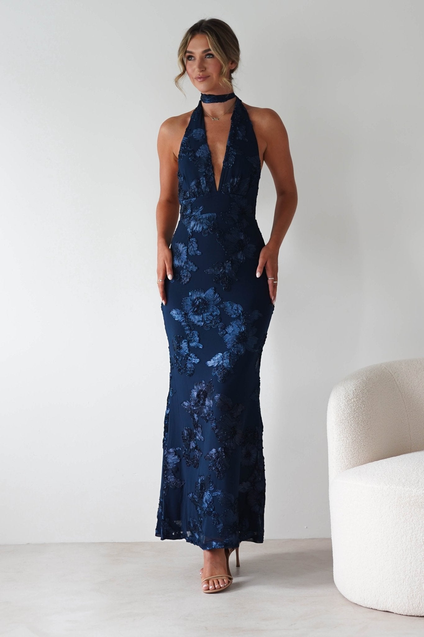 Halsey Tie Back Maxi Dress | Navy Textured | Oh Hello Clothing | XS (6)