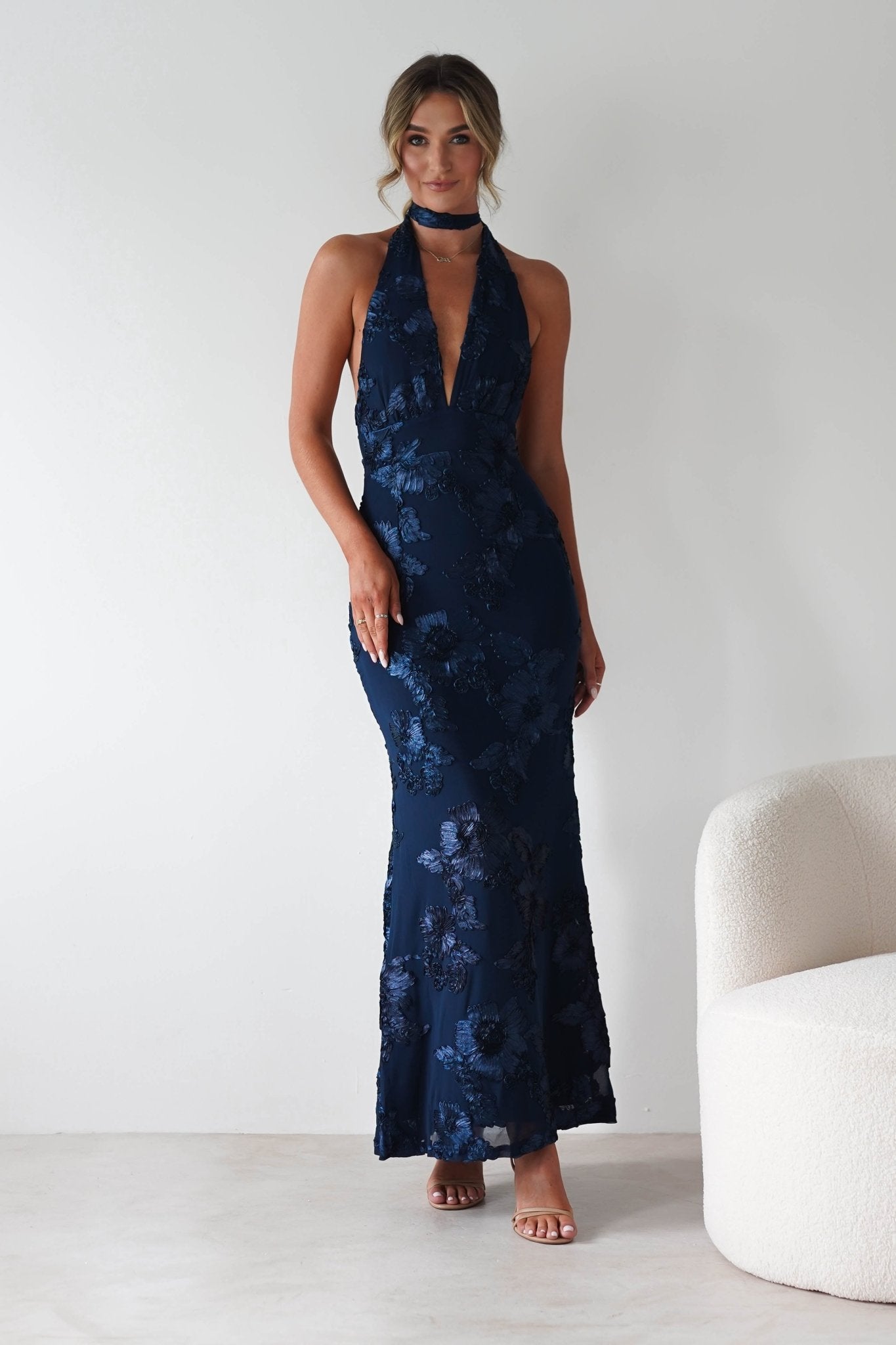 Halsey Tie Back Maxi Dress | Navy Textured | Oh Hello Clothing | XS (6)