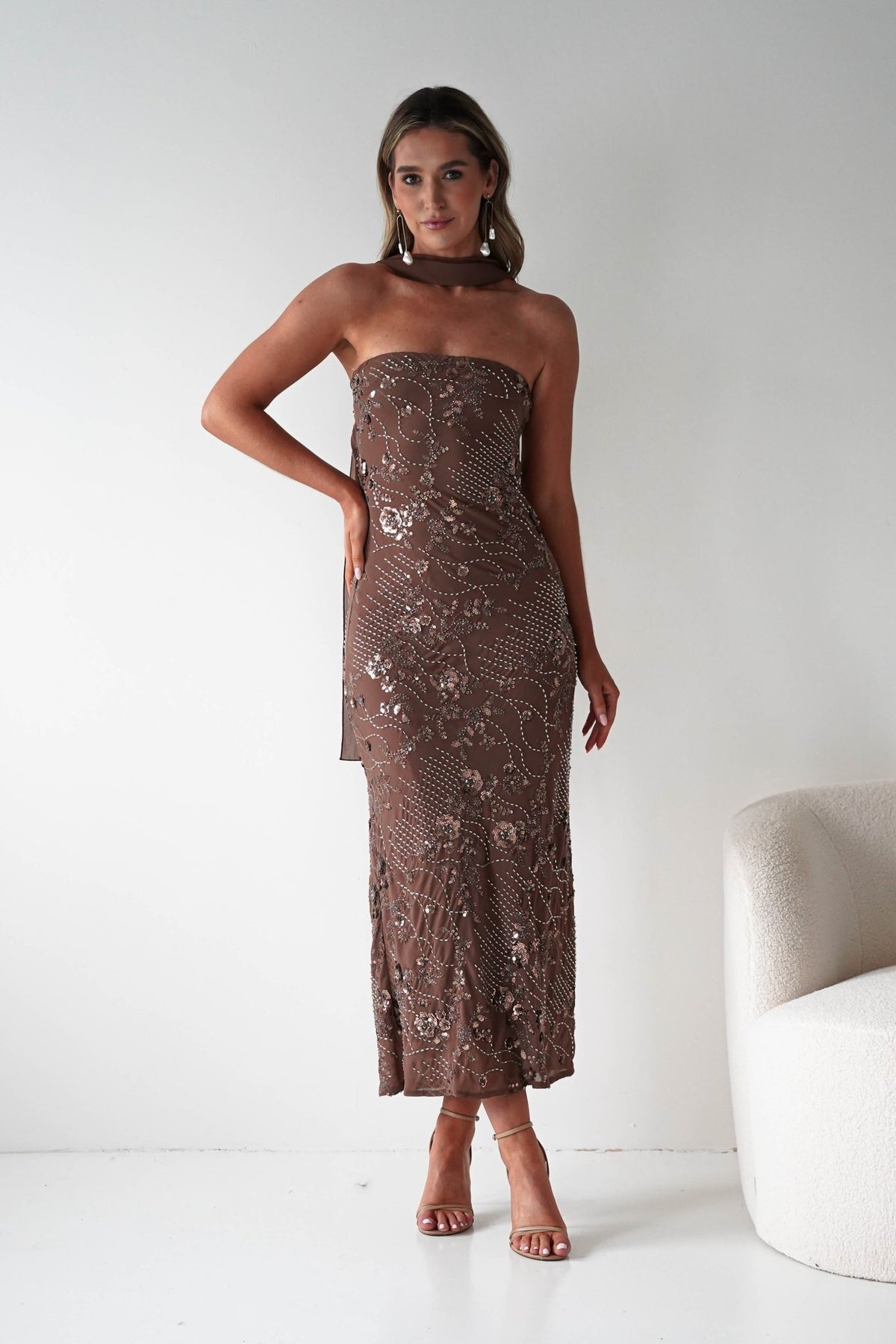 brown strapless dresses Hayleigh Beaded Maxi Dress NecklineLabel: V-Neck or no bra Color:Multi Diagonal Stripe Something about stylizing satin