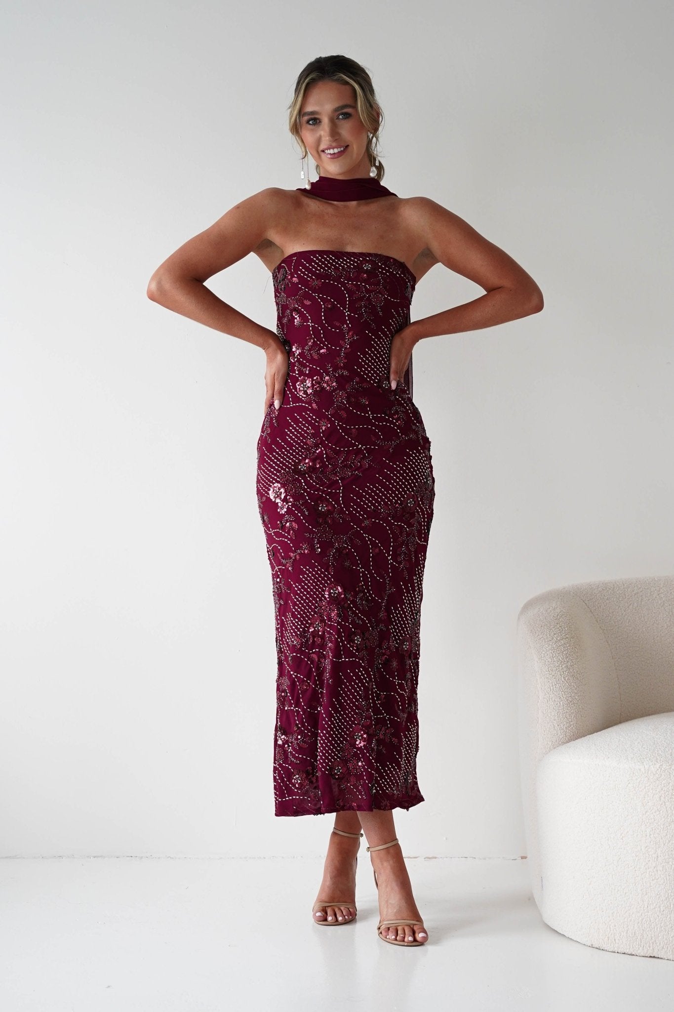 Oh Hello Clothing Dresses 1*DONE -FACTORY-OH25020TSQ- STRAPLESS BEADED DRESS WITH SCARF WINE **