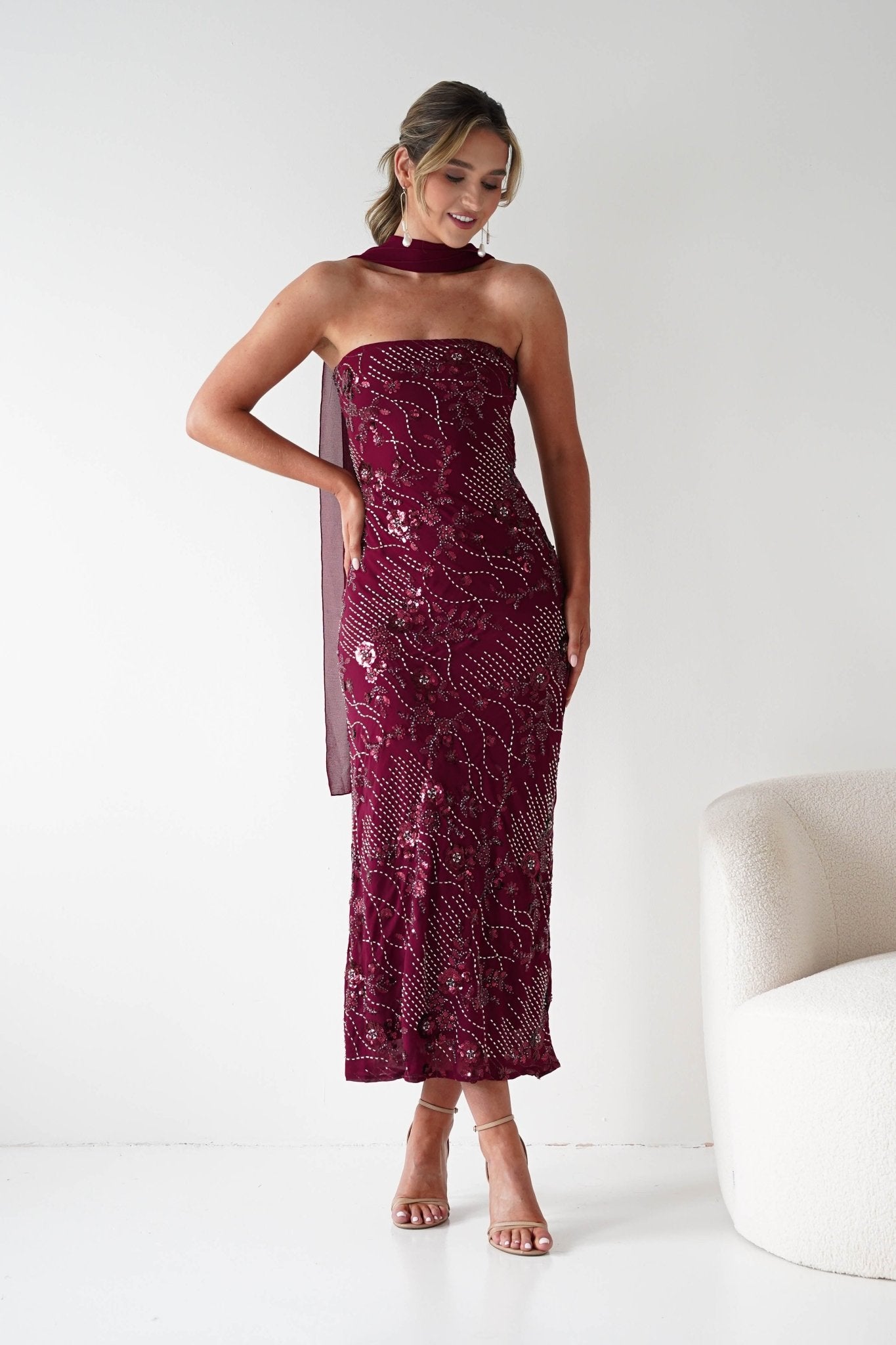 Oh Hello Clothing Dresses 1*DONE -FACTORY-OH25020TSQ- STRAPLESS BEADED DRESS WITH SCARF WINE **