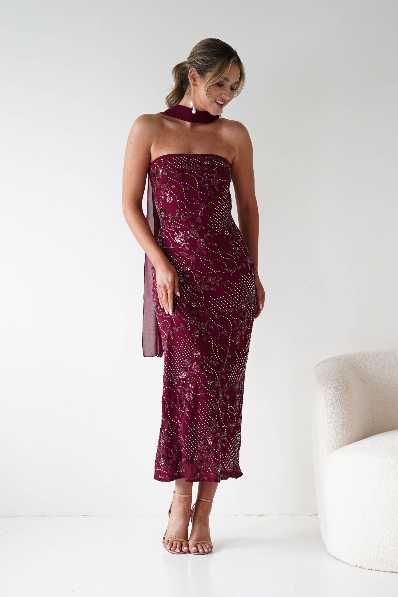 Oh Hello Clothing Dresses 1*DONE -FACTORY-OH25020TSQ- STRAPLESS BEADED DRESS WITH SCARF WINE **