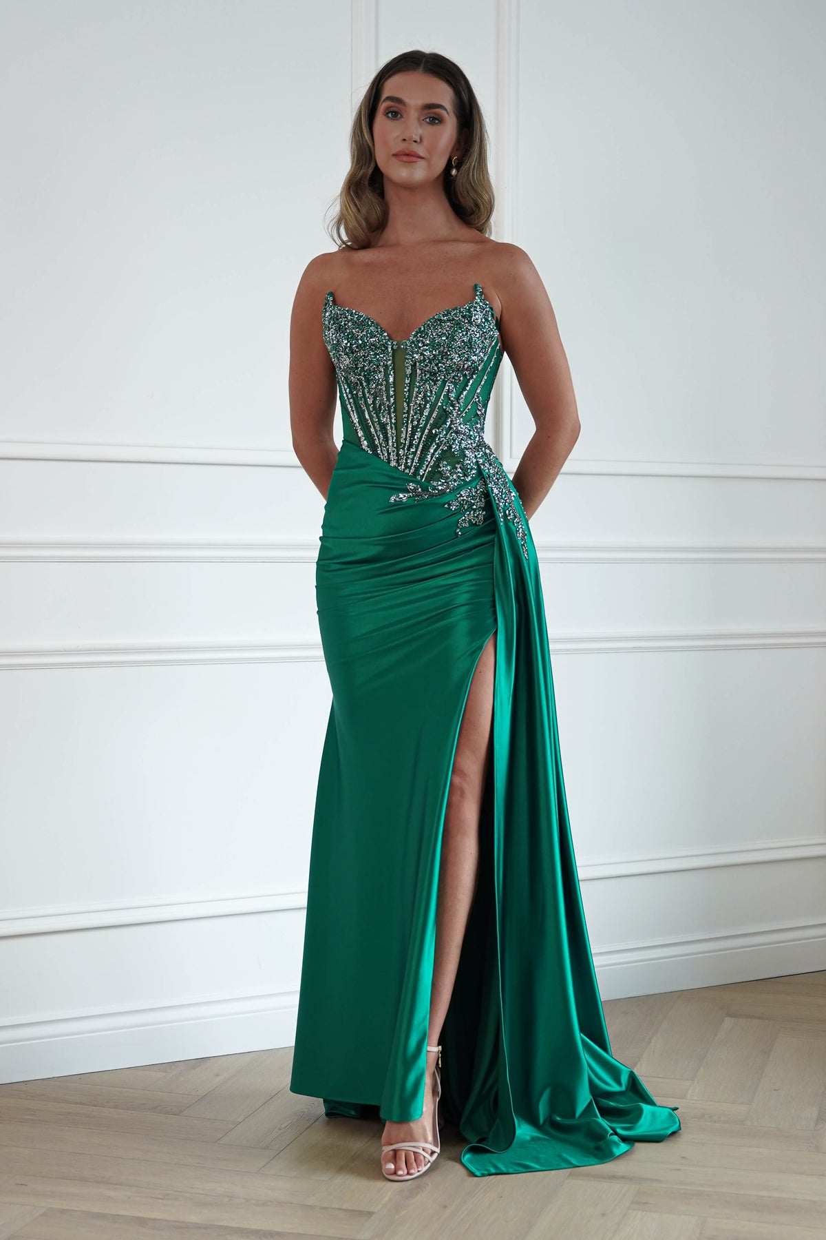 Oh Hello Clothing Dresses > Prom Dresses Hazelle Crystal Embellished Corset Gown | Emerald