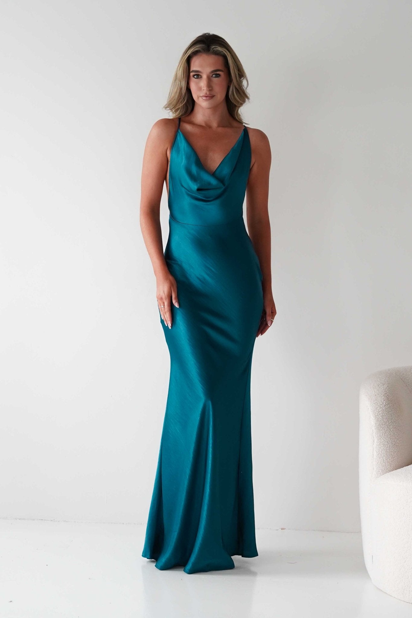 Helga Soft Satin Drape Maxi Dress | Teal | Oh Hello Clothing | S (8)