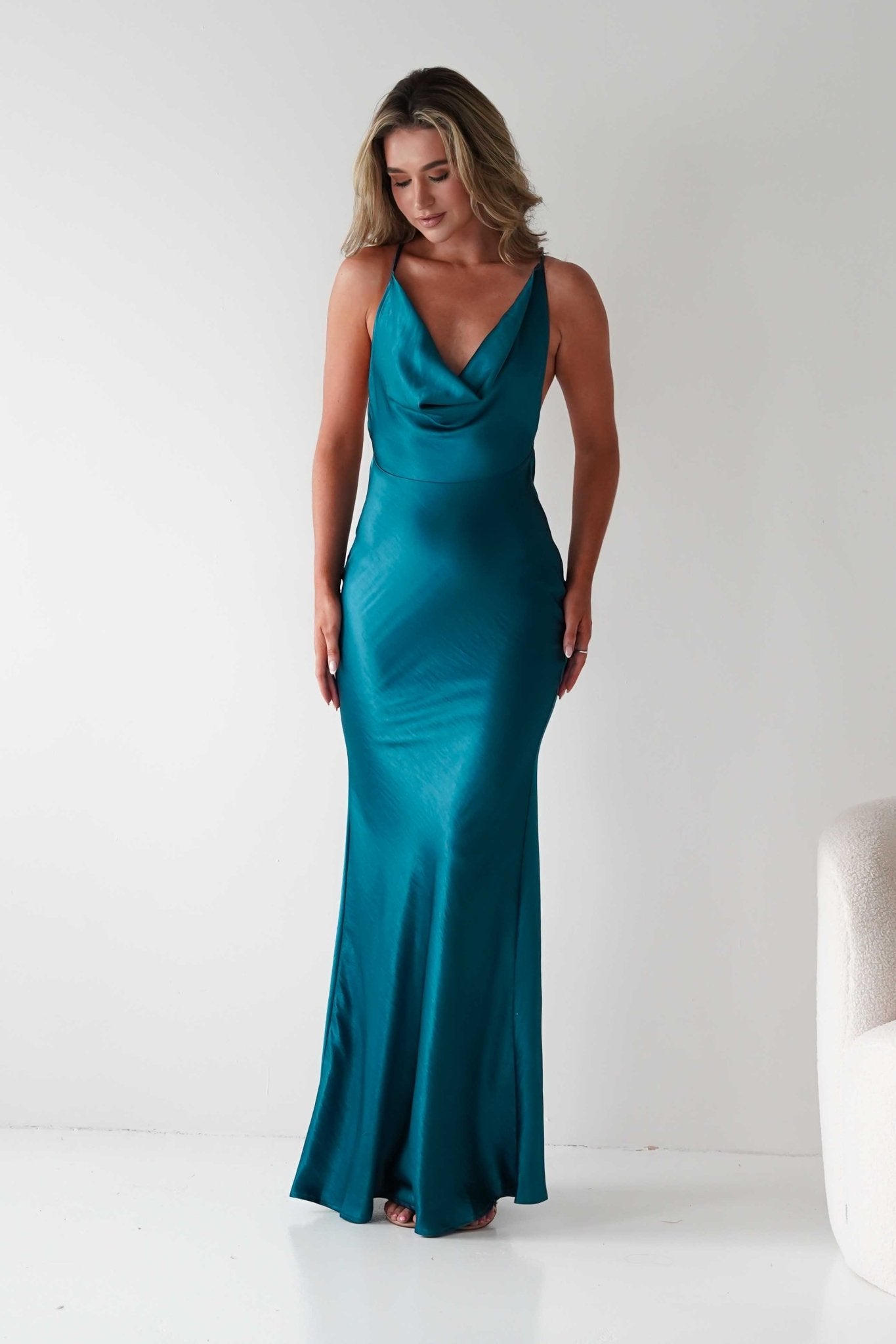 Helga Soft Satin Drape Maxi Dress | Teal | Oh Hello Clothing | S (8)