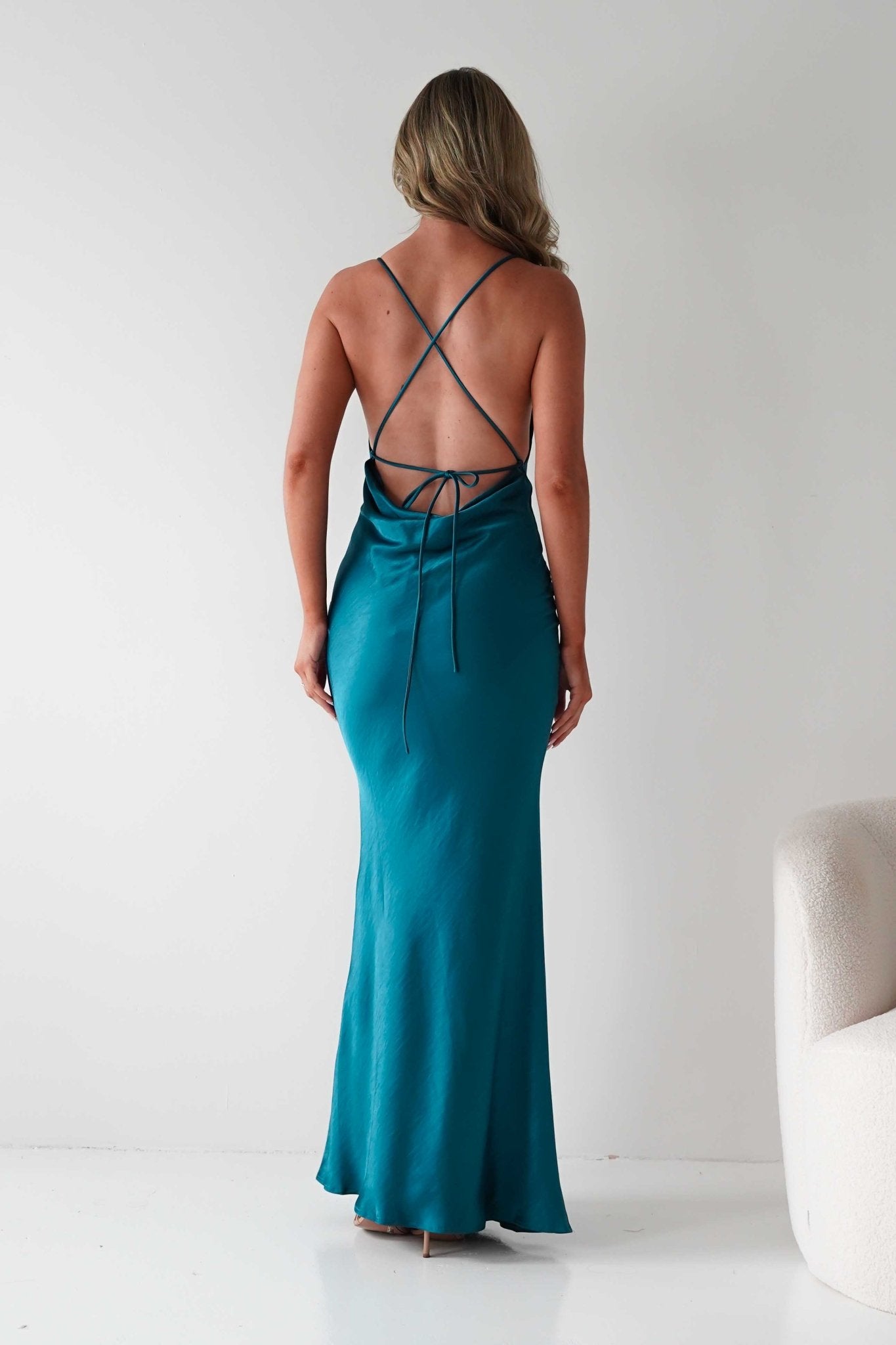 Helga Soft Satin Drape Maxi Dress | Teal | Oh Hello Clothing | S (8)